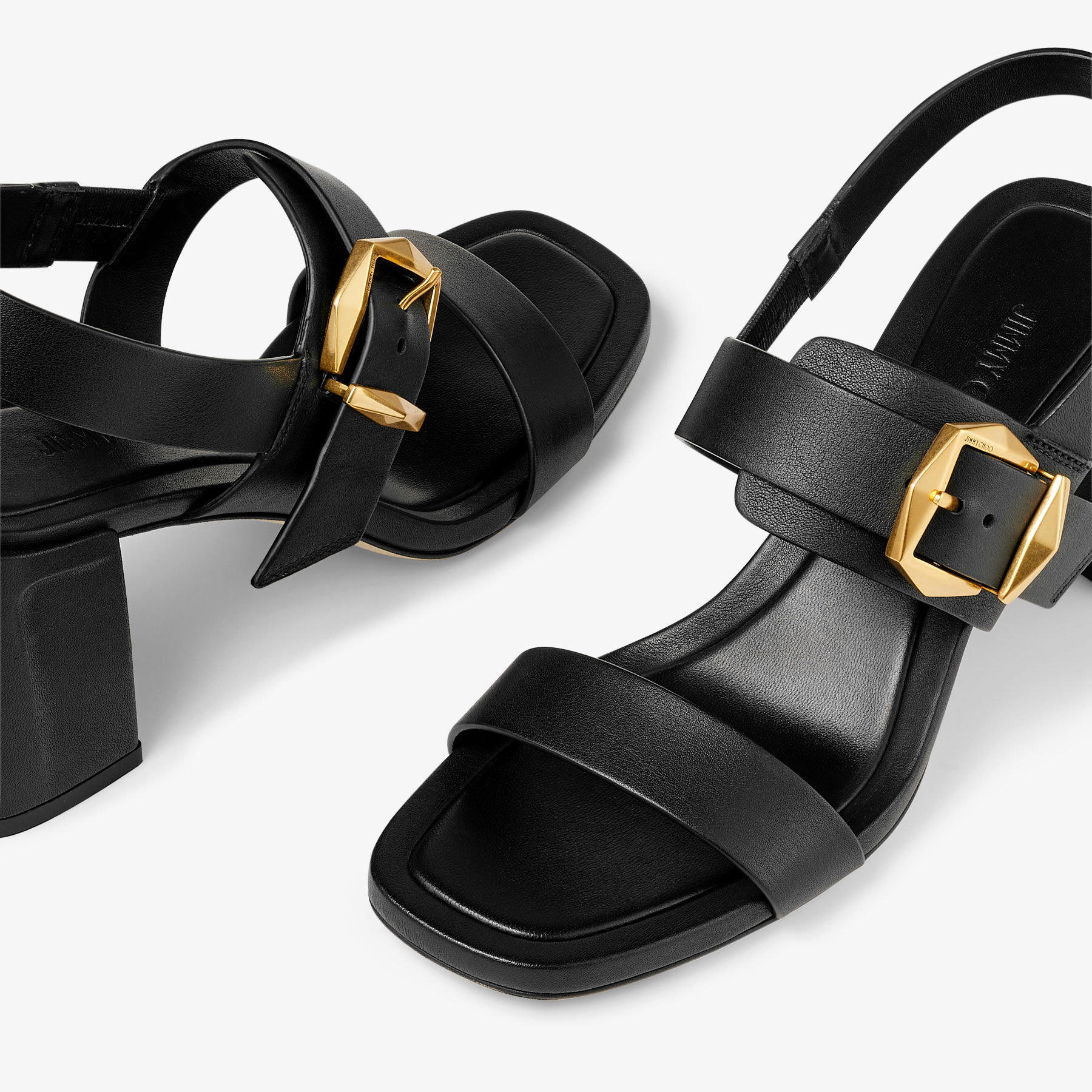 JIMMY CHOO Hawke 70 レザー サンダル Hawke 70|Black/Gold Leather Sandals| JIMMY CHOO