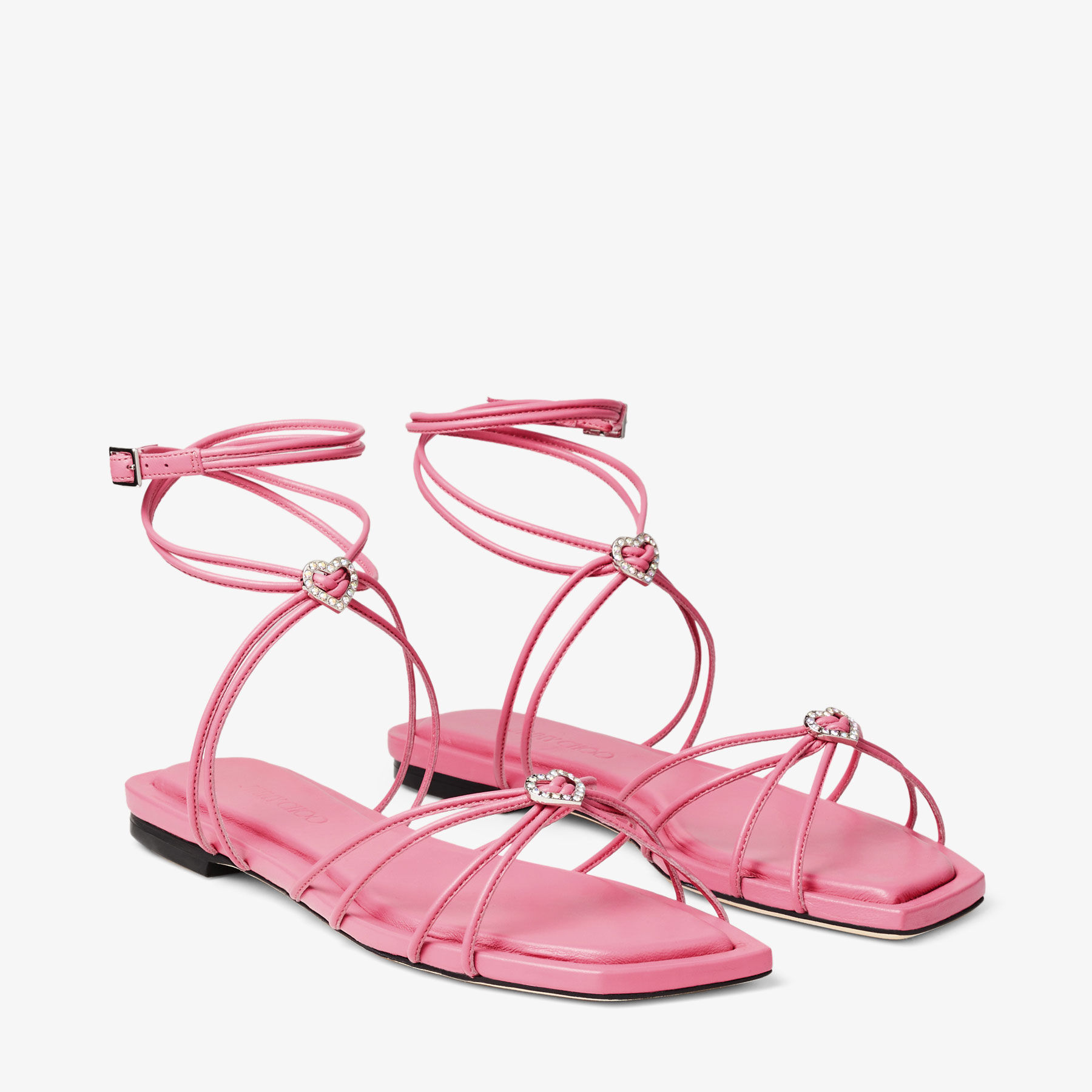 INDIYA FLAT | Candy Pink Nappa Leather Flat Sandals with Crystal Hearts |  Summer Collection | JIMMY CHOO