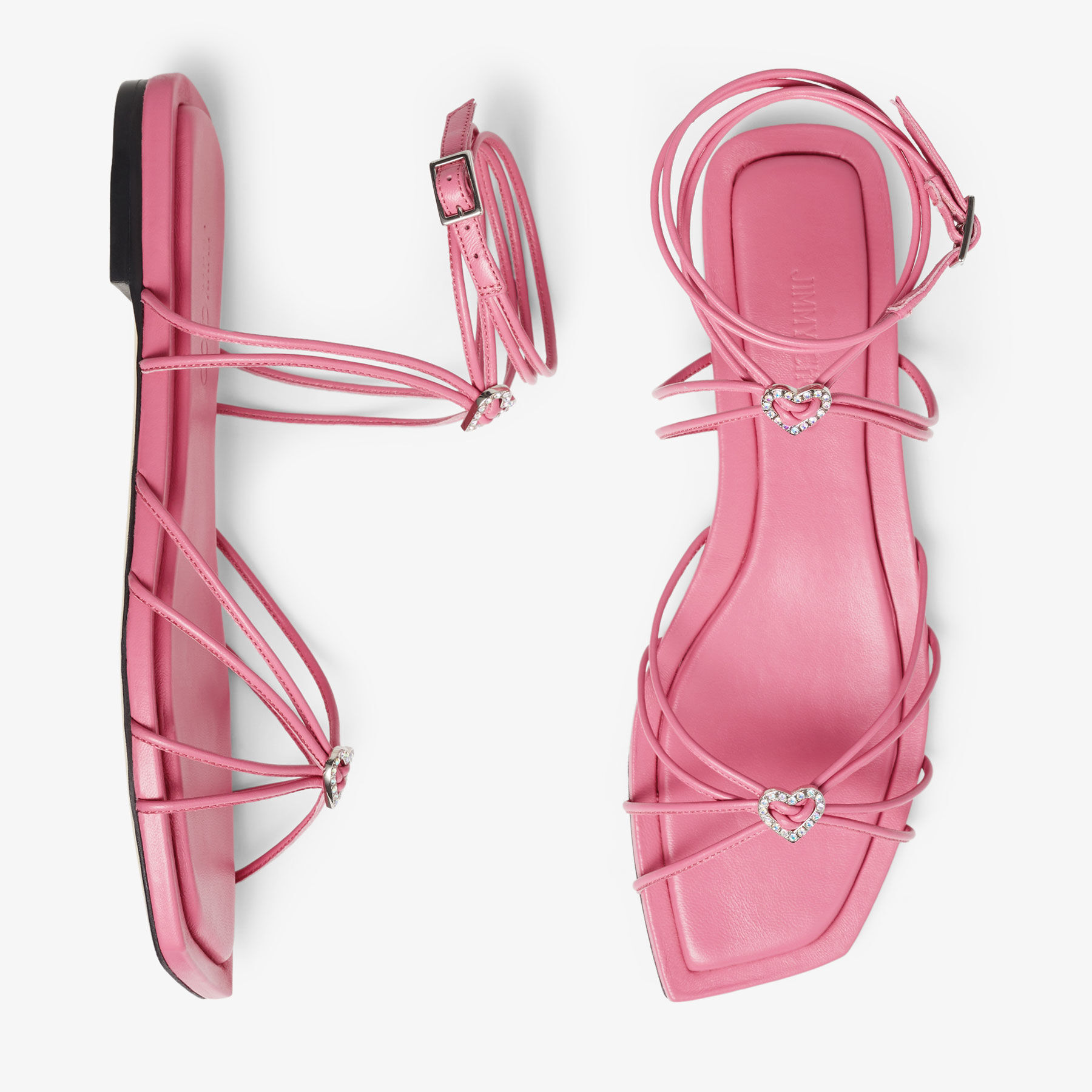 INDIYA FLAT | Candy Pink Nappa Leather Flat Sandals with Crystal Hearts |  Summer Collection | JIMMY CHOO AU