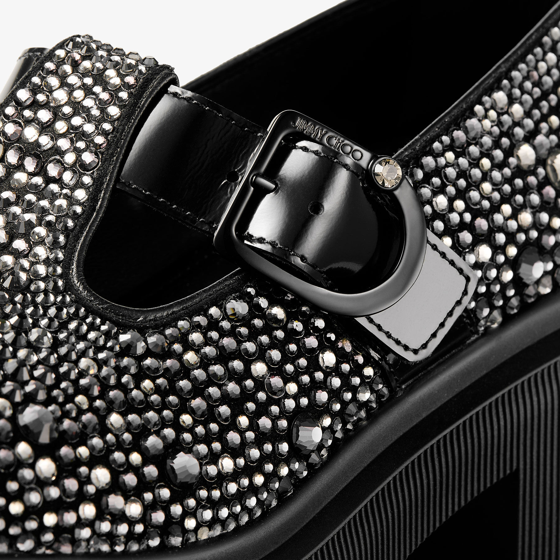 チムローズ Ixen Flat | Black and Smoke Mix Suede Loafers with Crystal Hotfix