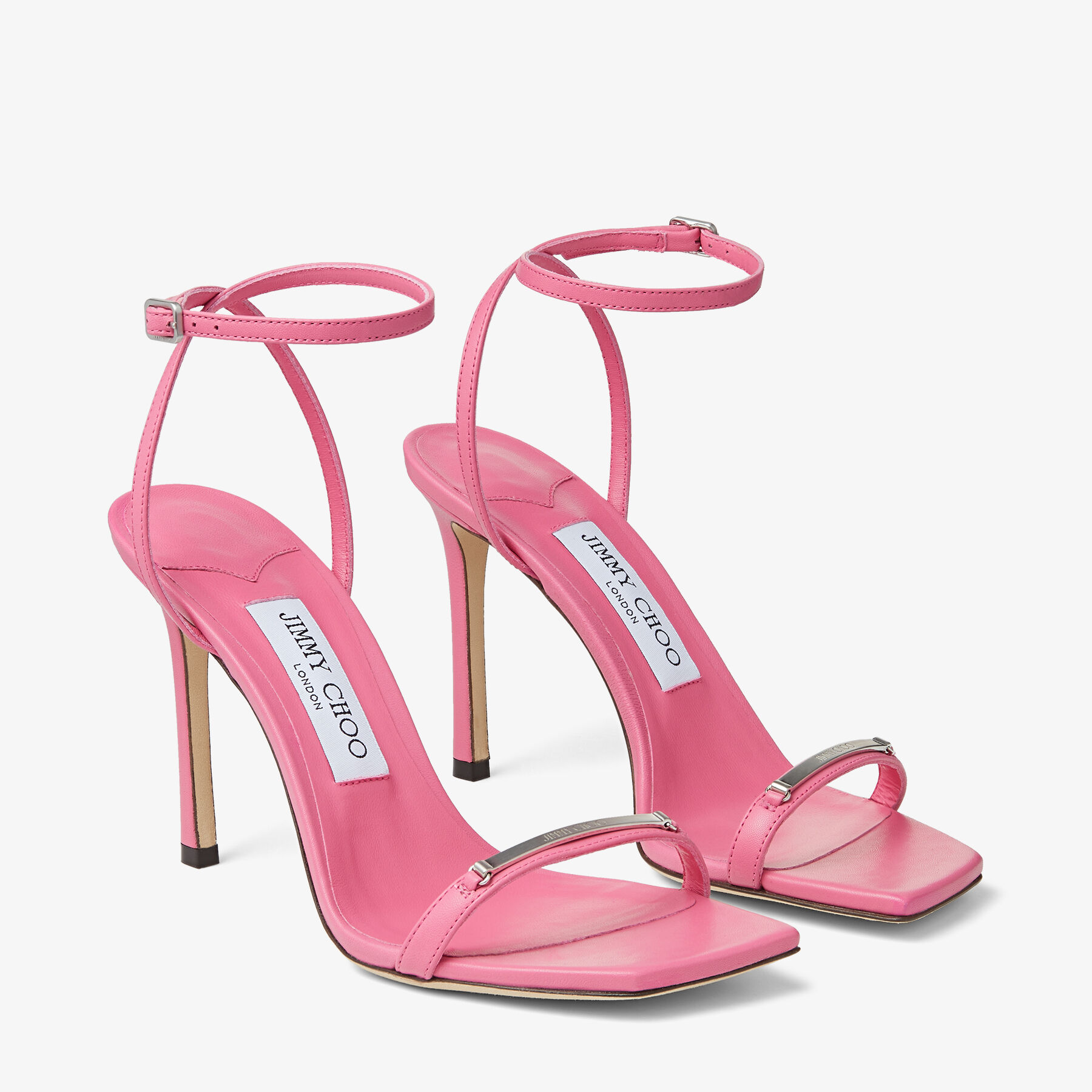 JIMMY CHOO の靴♪ ★JAXON★ 95mm【多色在庫】 Candy Pink Nappa Leather Sandals with JC Bar | JAXON 95