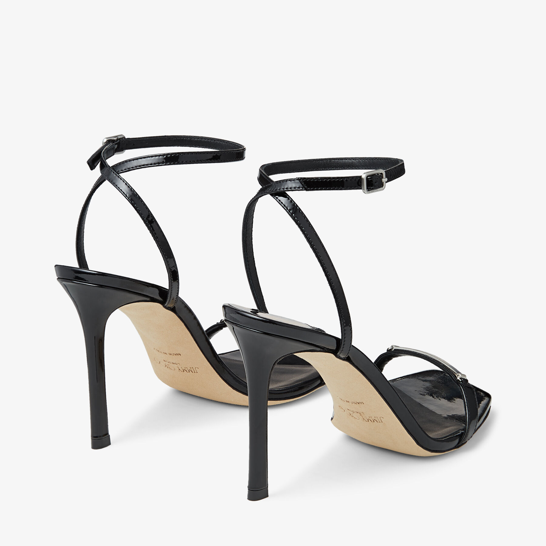 JIMMY CHOO の靴♪ ★JAXON★ 95mm【多色在庫】 Black Soft Patent Sandals with JC Bar | JAXON 95 | Autumn