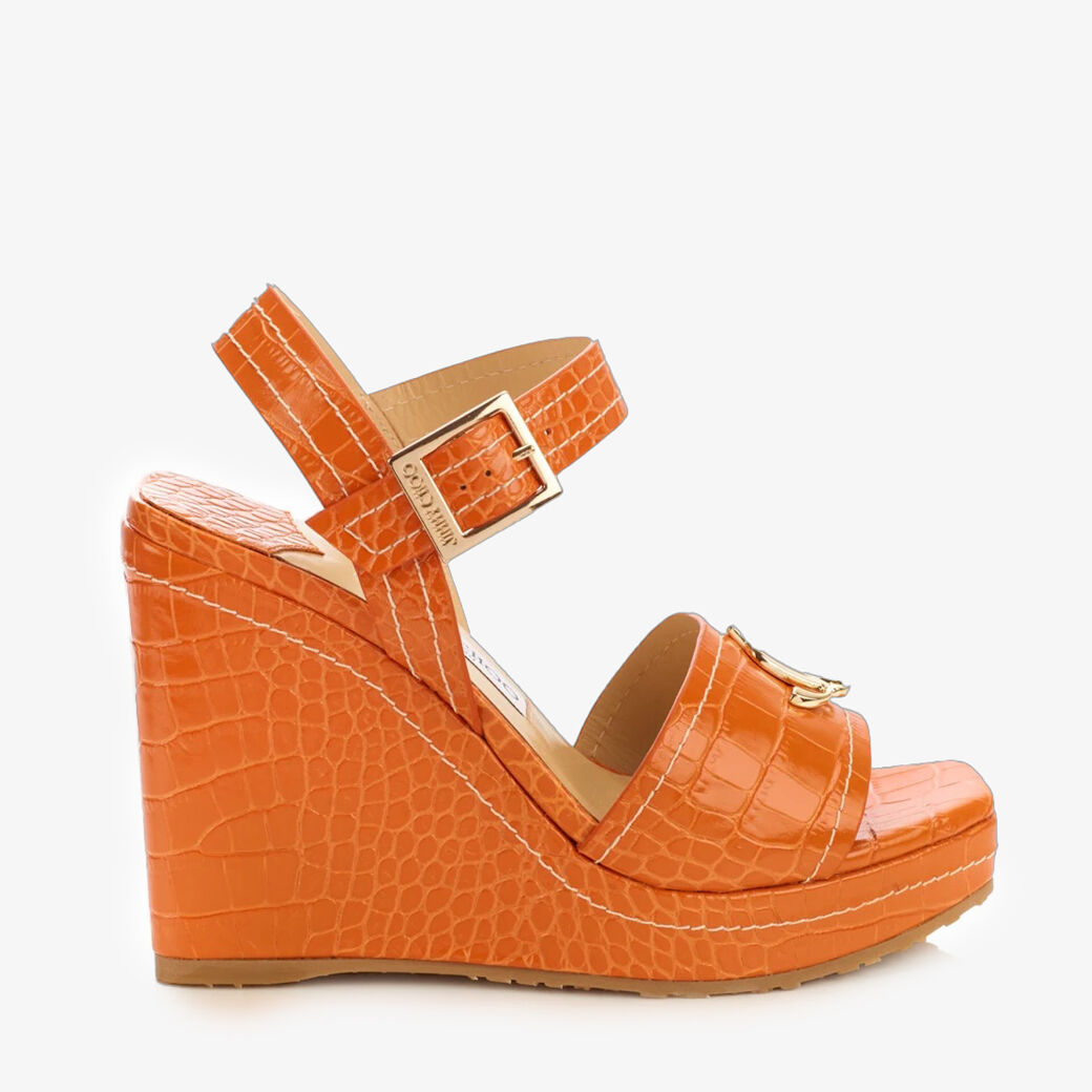 Amber Orange Croc-Embossed Leather Wedge Sandals|JC ANKLE