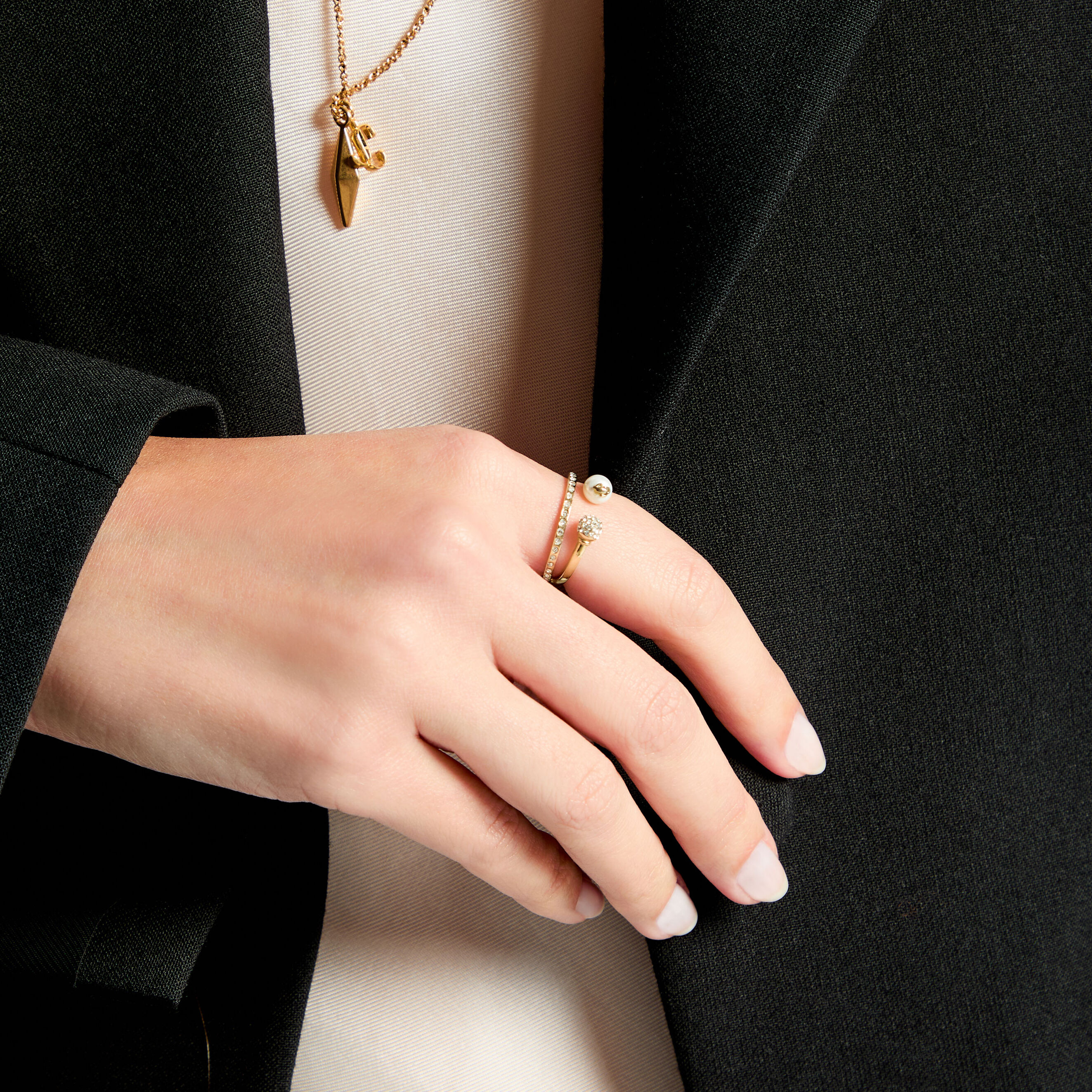 JC Double Ring | Gold-Finish Crystal & Pearl Ring | JIMMY CHOO