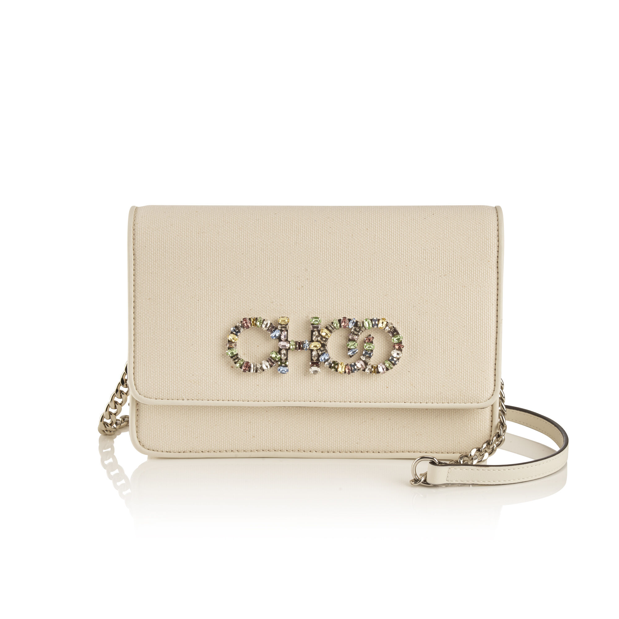 ビジューロゴ【Jimmy Choo】Kalina クロスボディバッグ Kalina | Ecru Canvas Crossbody Bag with Crystal Choo | New