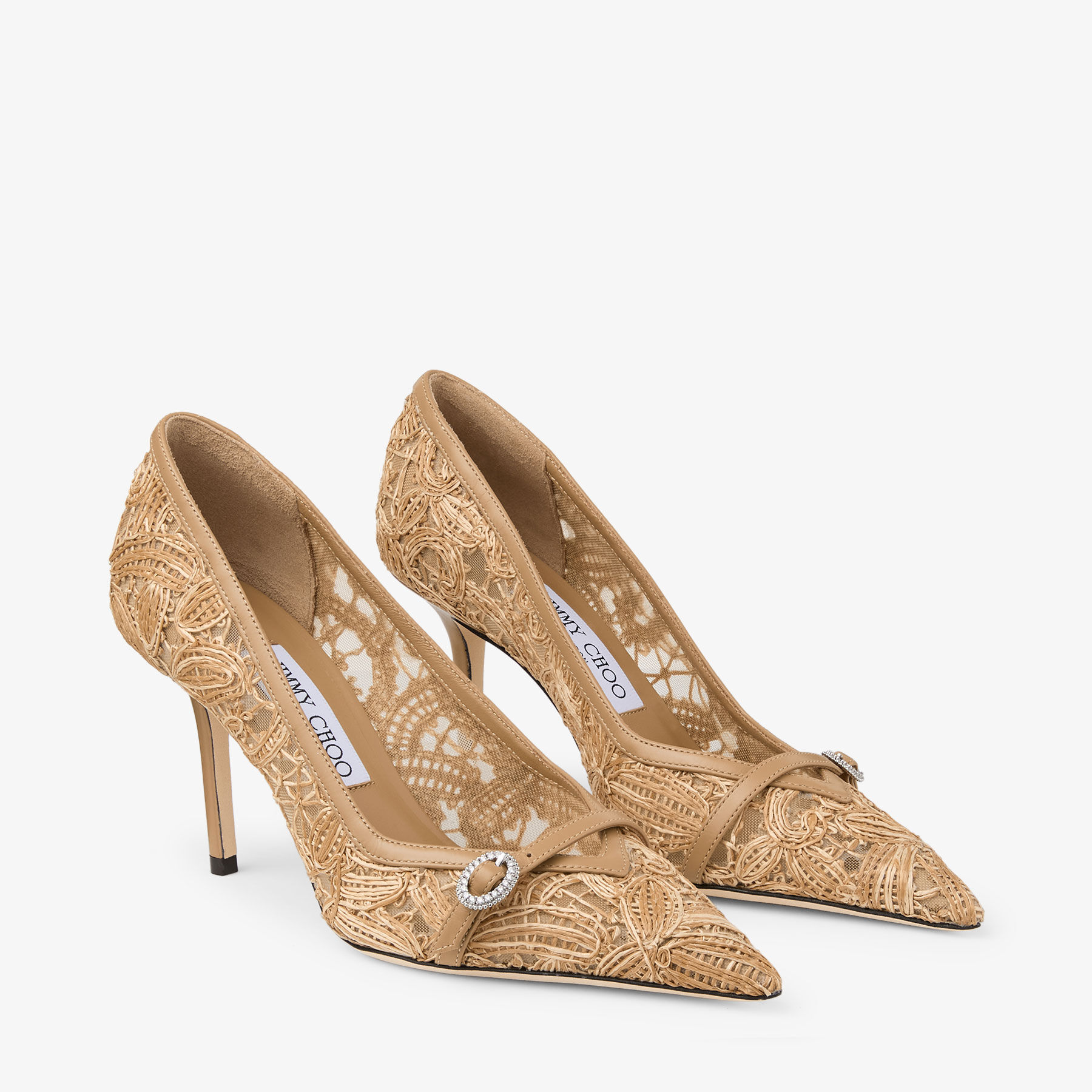 Keari 85 | Natural Flower Woven Raffia and Calf Leather Pumps