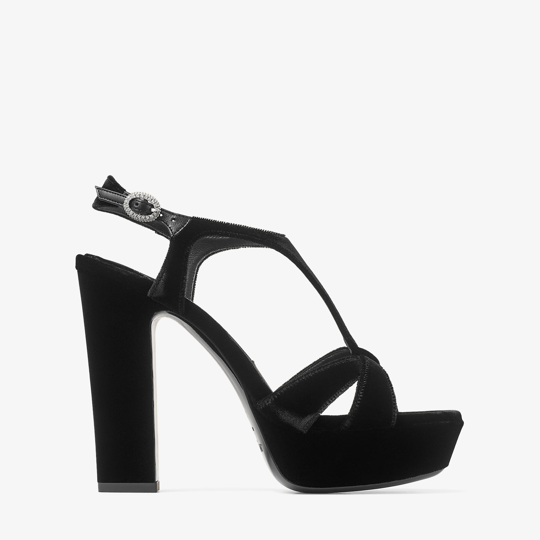 Kesia 120 | Black Velvet Sandals with Crystal Buckle | JIMMY CHOO