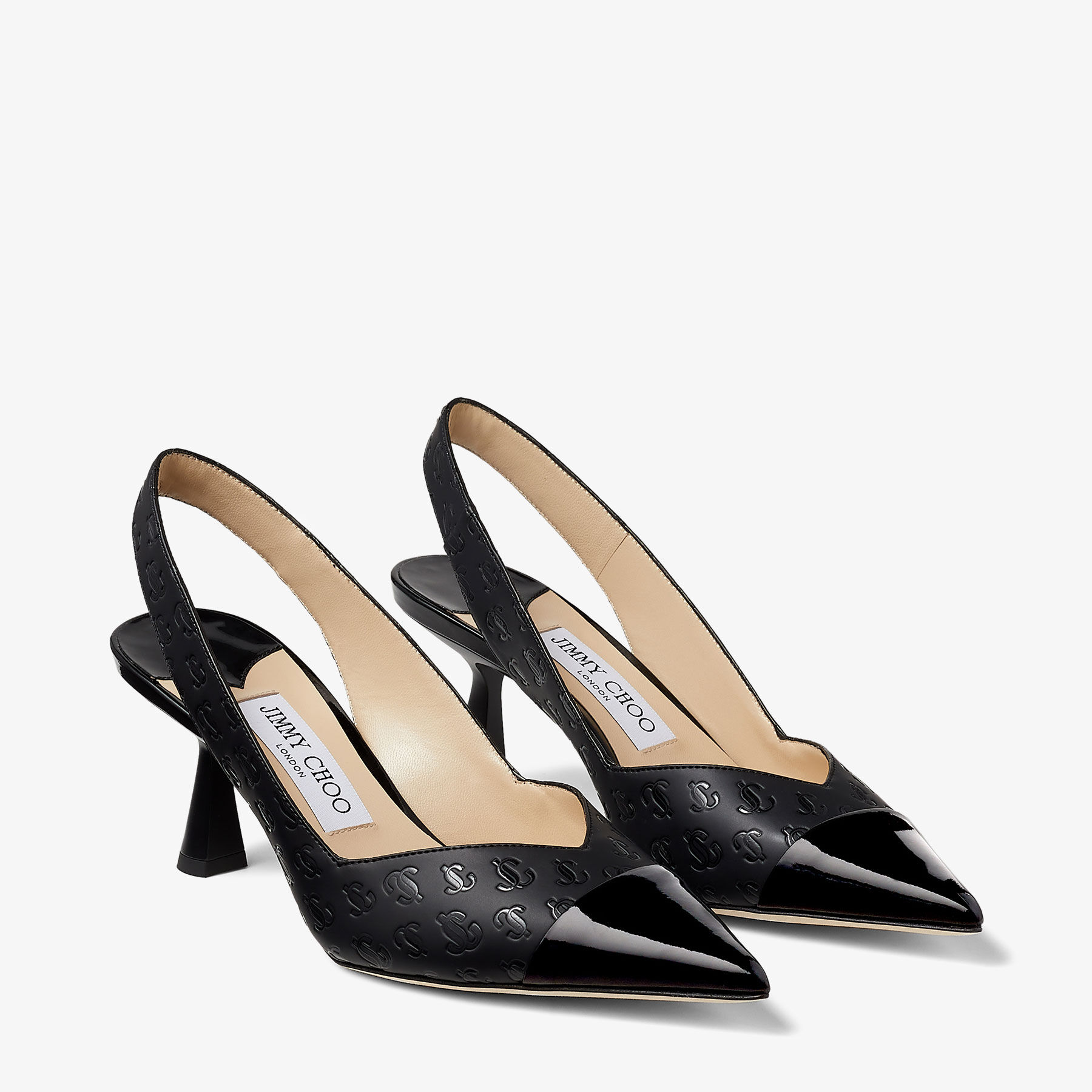 Black JC Monogram Print and Patent Slingbacks | LIYA 65