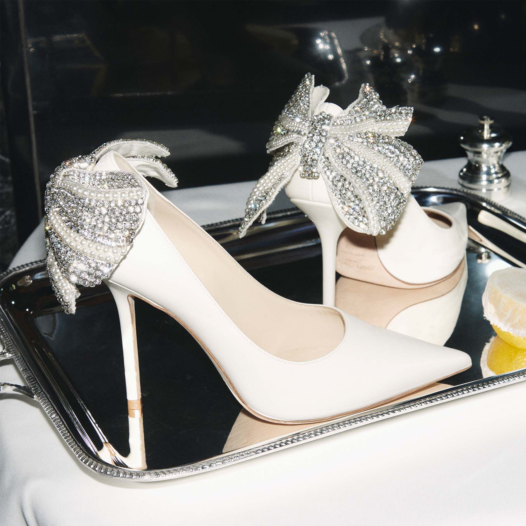 LOVE 100 | Latte Nappa Pumps with Pearl and Crystal Bow