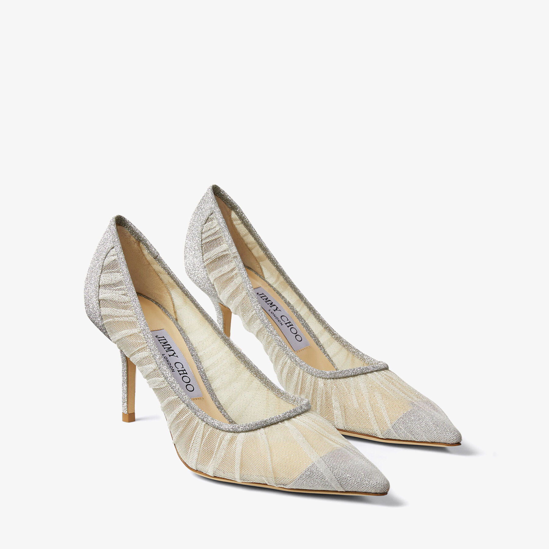 Metallic Silver Glitter Fabric Pumps with Ivory Tulle