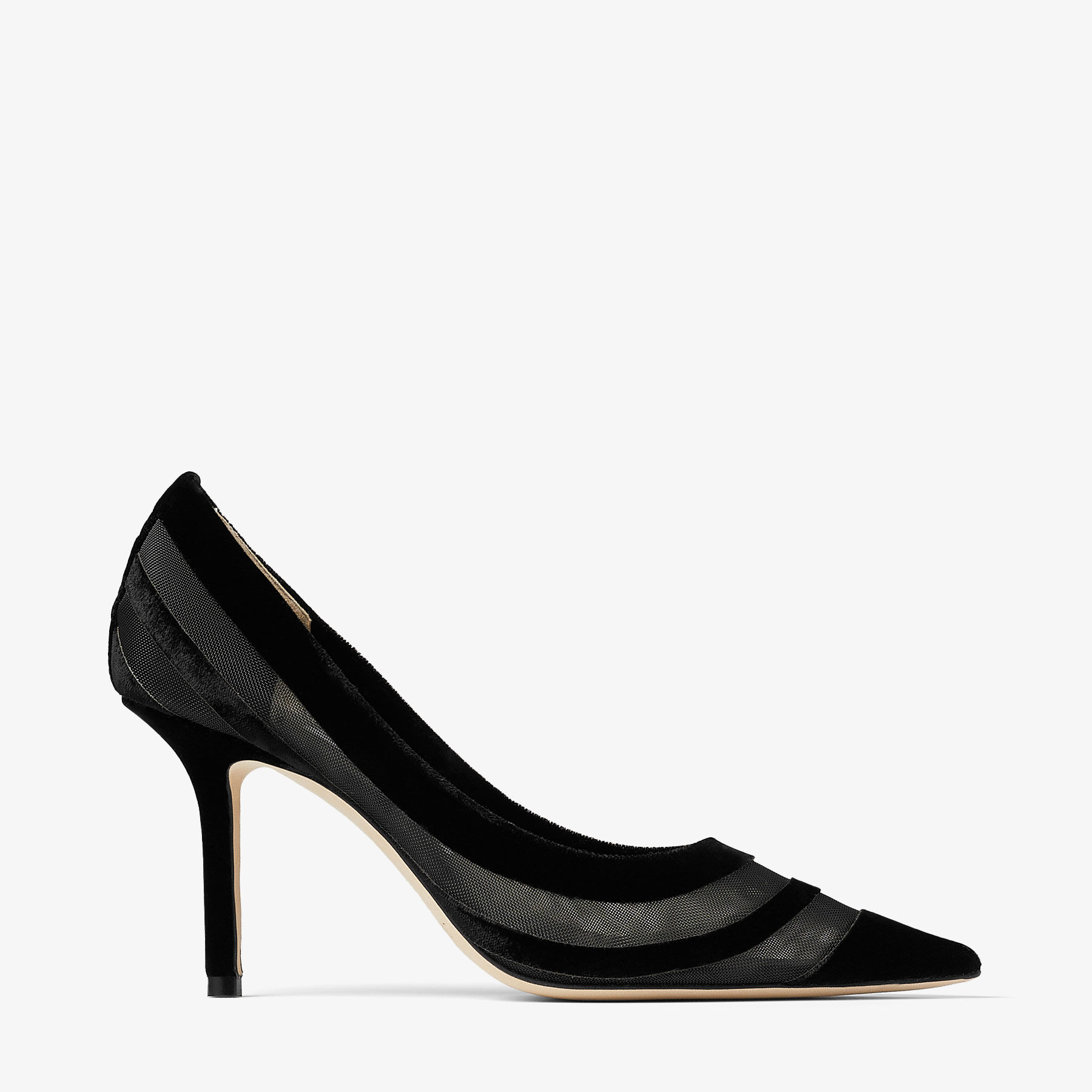 Jimmy★Choo(セールで探してた)日本完売Love85レースBlack Love 85 | Black Flocked Velvet Striped Mesh Pumps | New