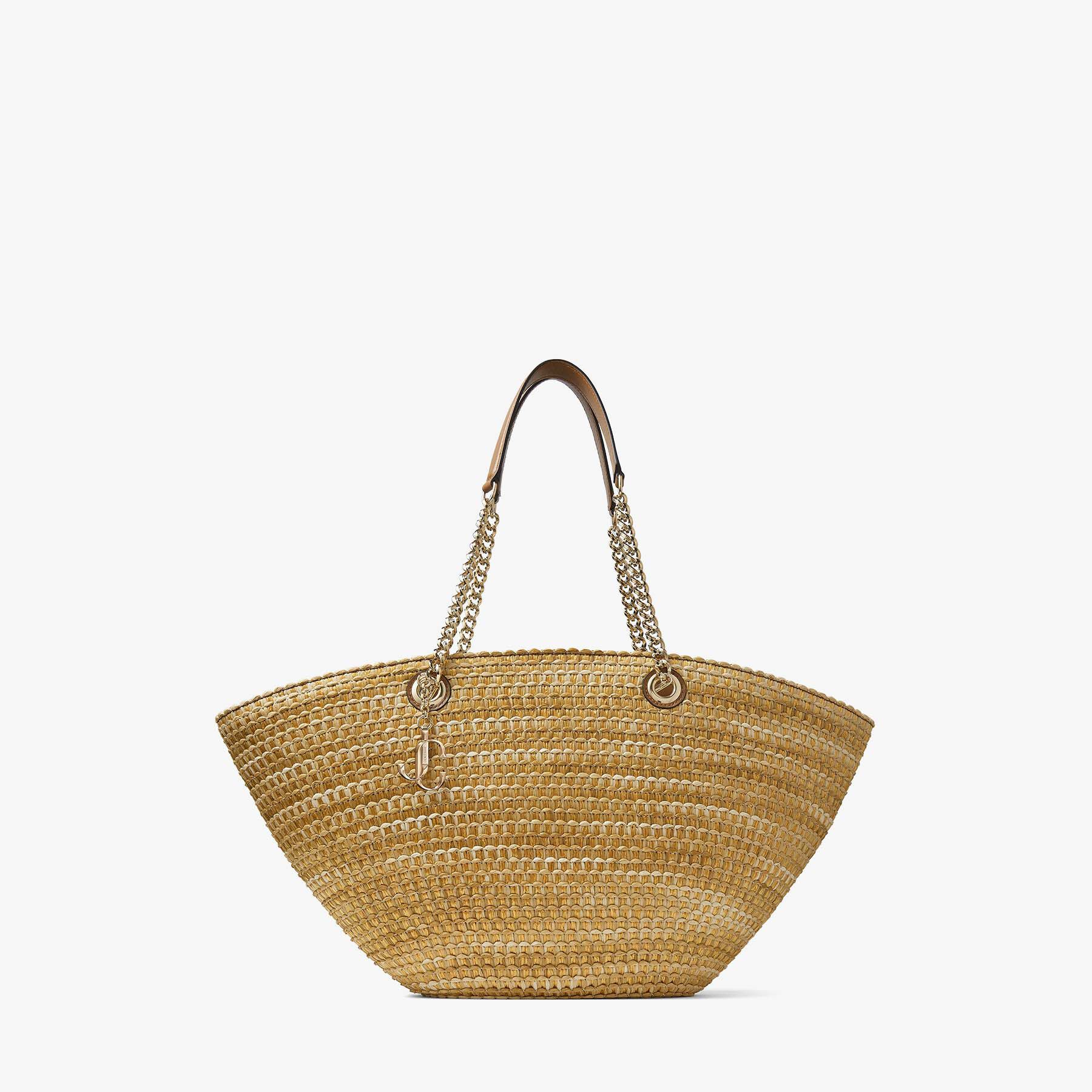 Natural Woven Raffia Basket Bag with Light Gold JC Emblem