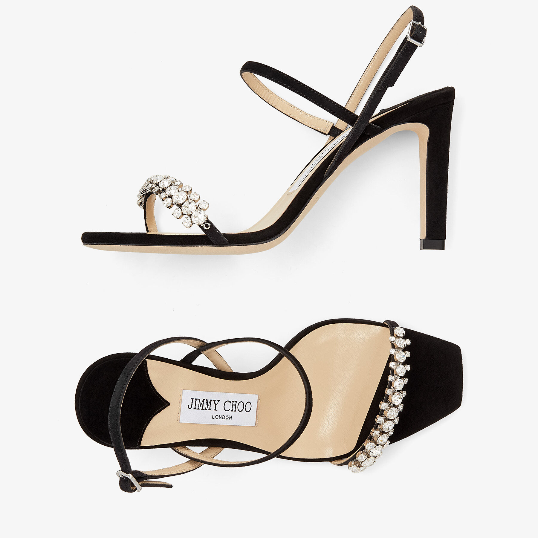 Black Suede Sandals with Crystal Embellishment | MEIRA 85