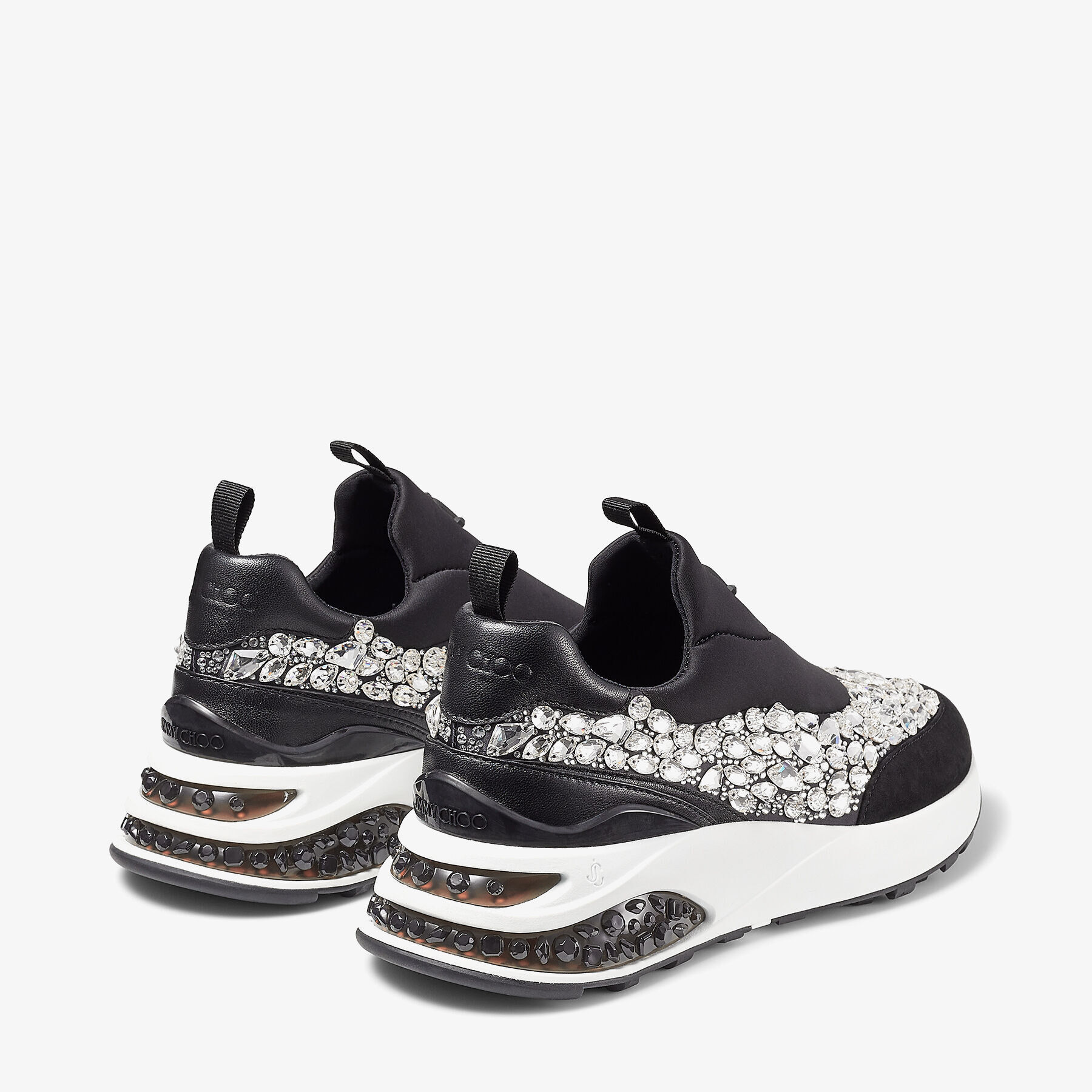 セール★Jimmy Choo★MEMPHIS Black Mix Neoprene and Leather Low Top Trainers with Crystal