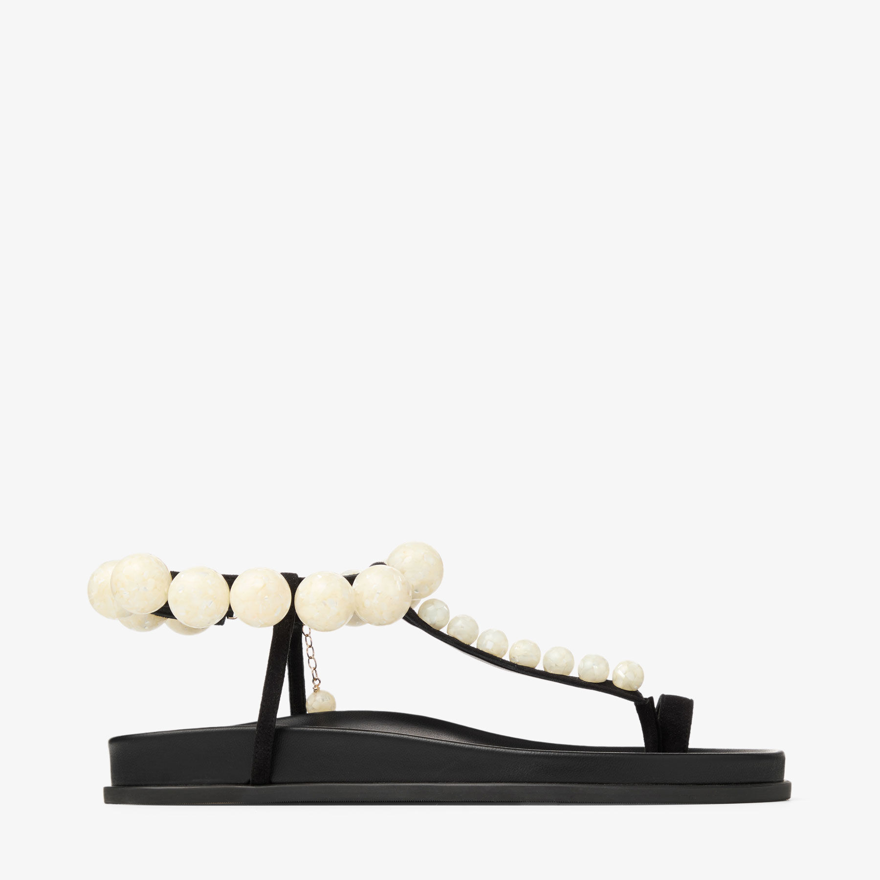 Miro Flat | Black Suede Sandals with Mother of Pearl Spheres