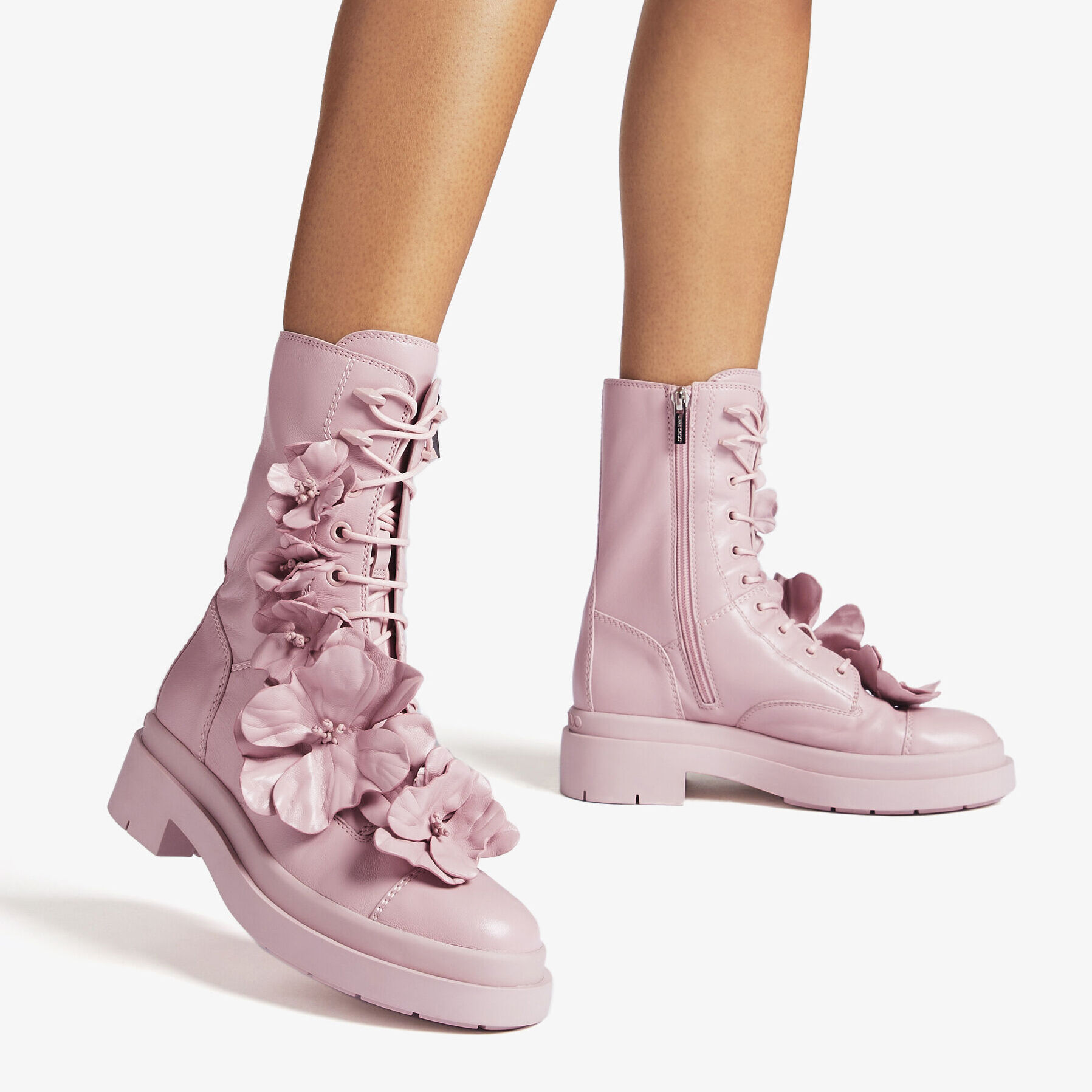 【JIMMY CHOO】Nari Flowers Flat フラワー アンクルブーツ NARI/FLOWERS FLAT | Rose Nappa Leather Ankle Boots with