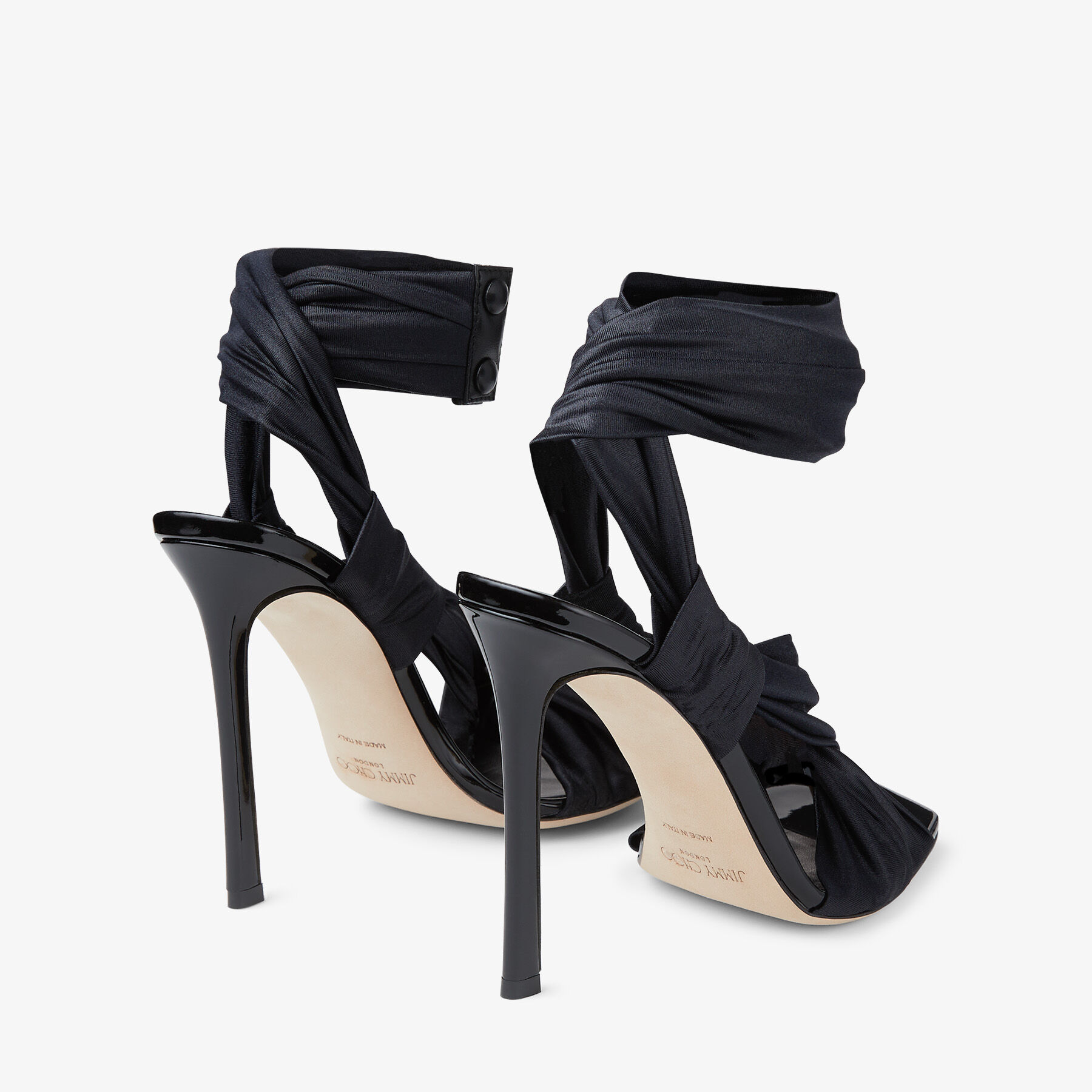 ◎ JIMMY CHOO NEOMA 110 NEOMA 110 | Black Wetlook Jersey Sandals | Spring 2023