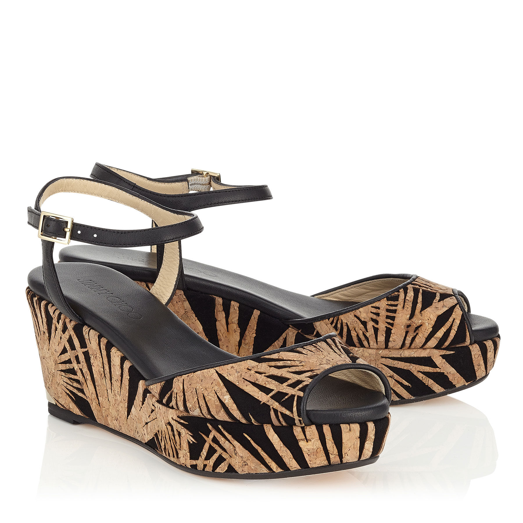 70%オフセールJIMMY CHOO PERLA70 WEDGE SANDAL Black Palm Laser Cut Cork on Suede Wedges | Perla 70