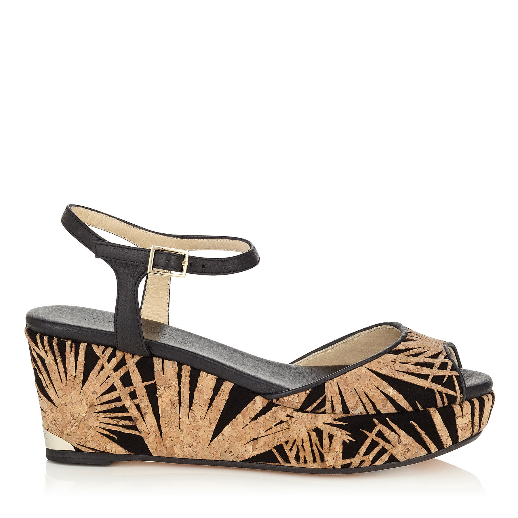 70%オフセールJIMMY CHOO PERLA70 WEDGE SANDAL Black Palm Laser Cut Cork on Suede Wedges | Perla 70