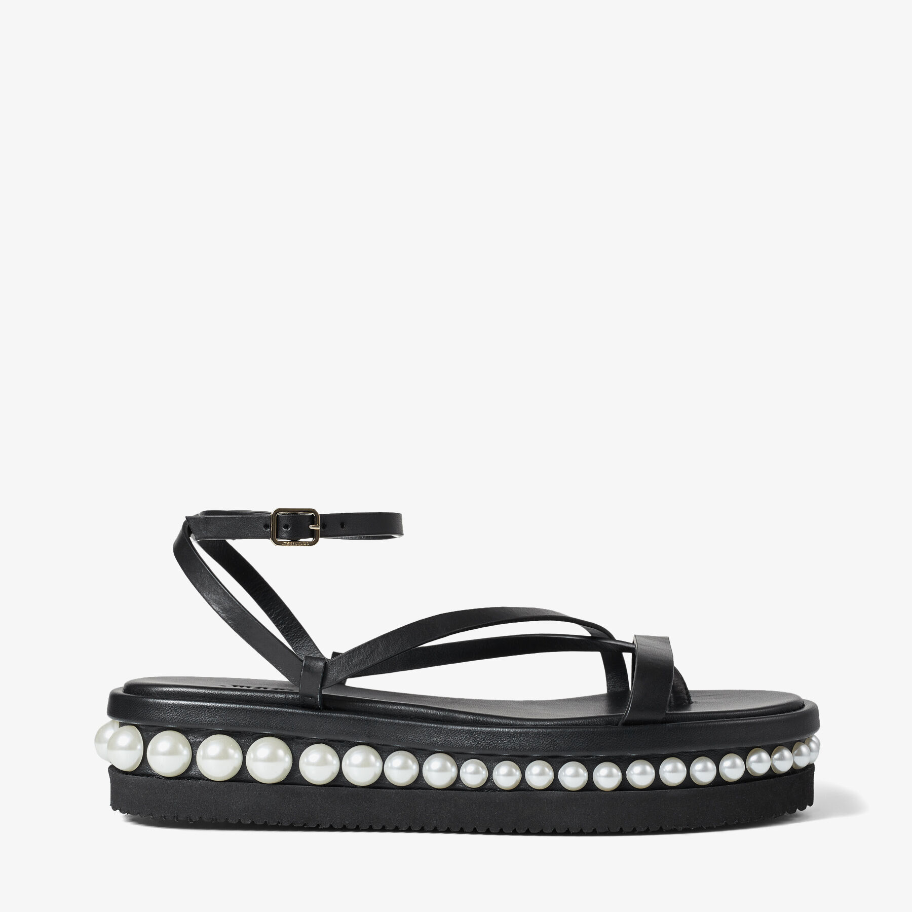 Black Vachetta Leather Platform Sandals with Pearl