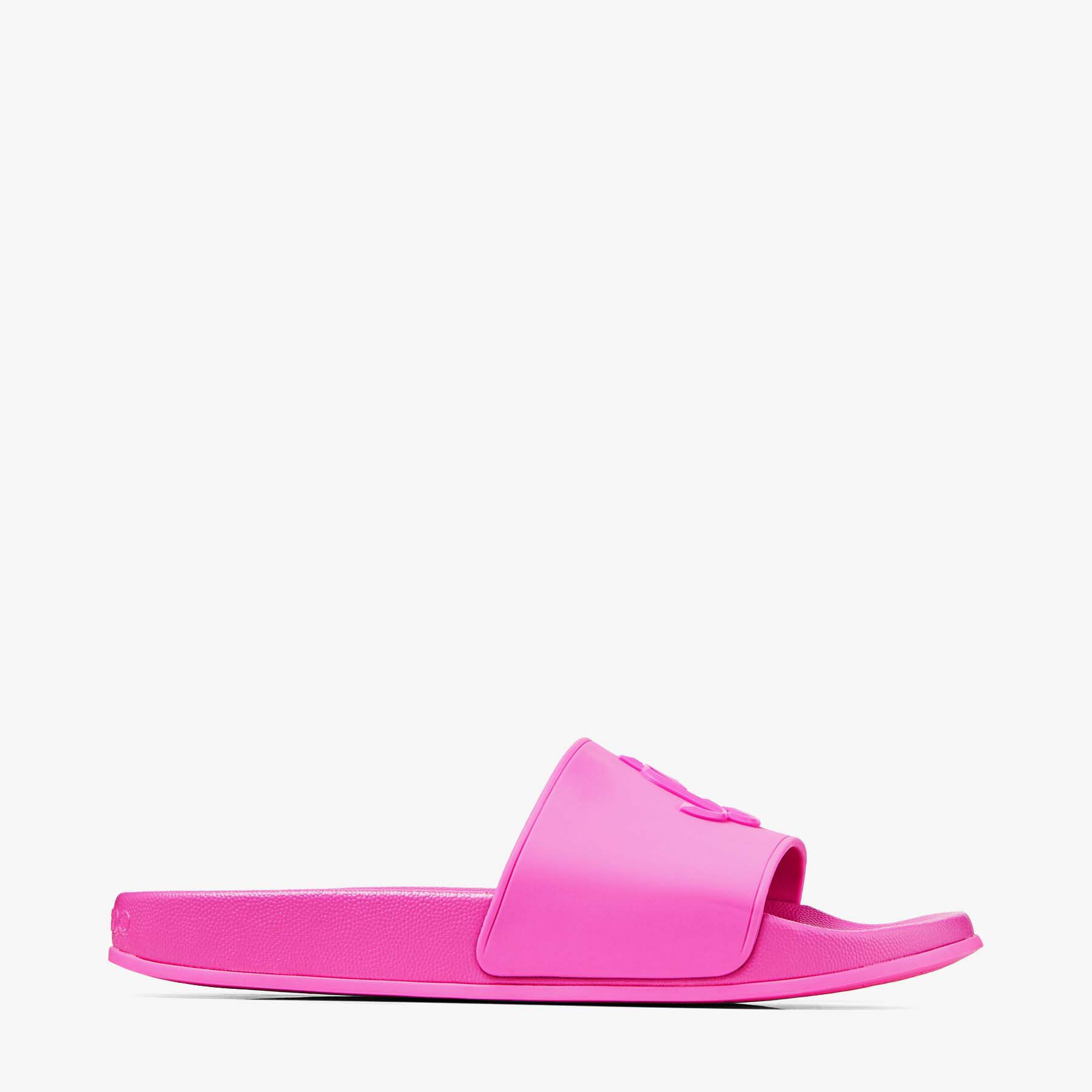 Neon Pink Rubber Slides with JC Monogram | PORT/F | Spring 2022 Collection  | JIMMY CHOO