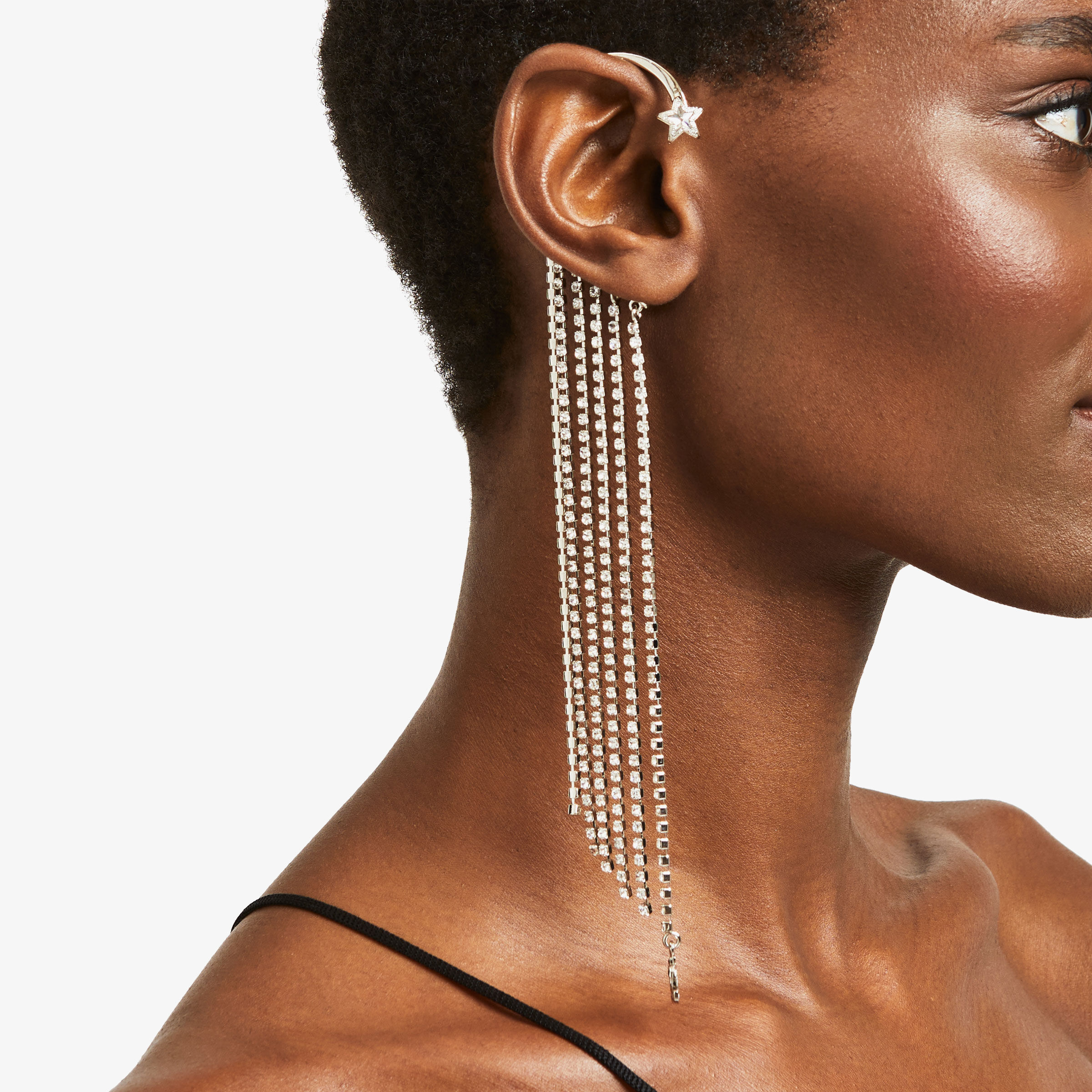 Silver Metal Star Fringe Ear Cuff with Swarovski Crystals
