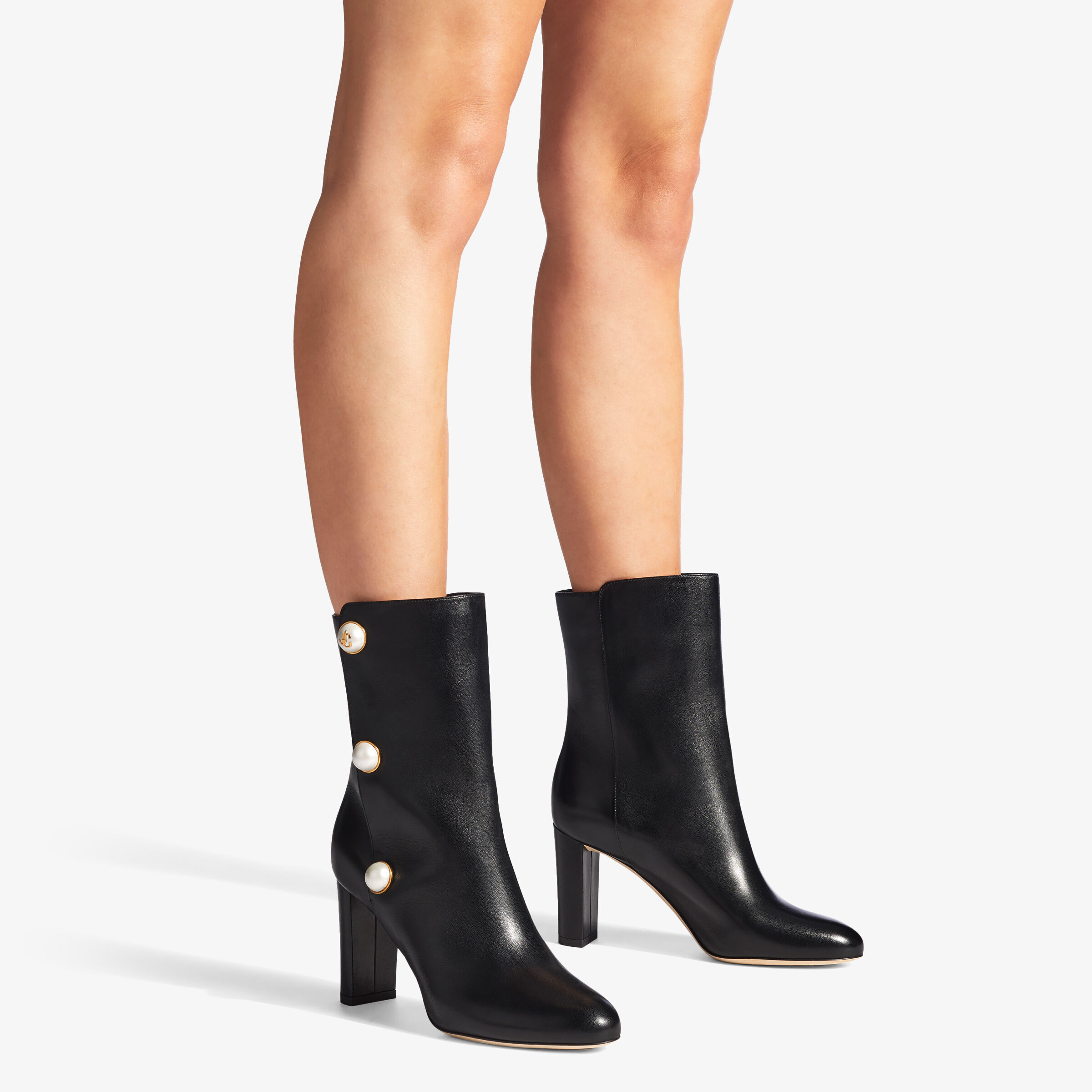 Black Nappa Leather Mid-Calf Boots with Pearls | RINA 85