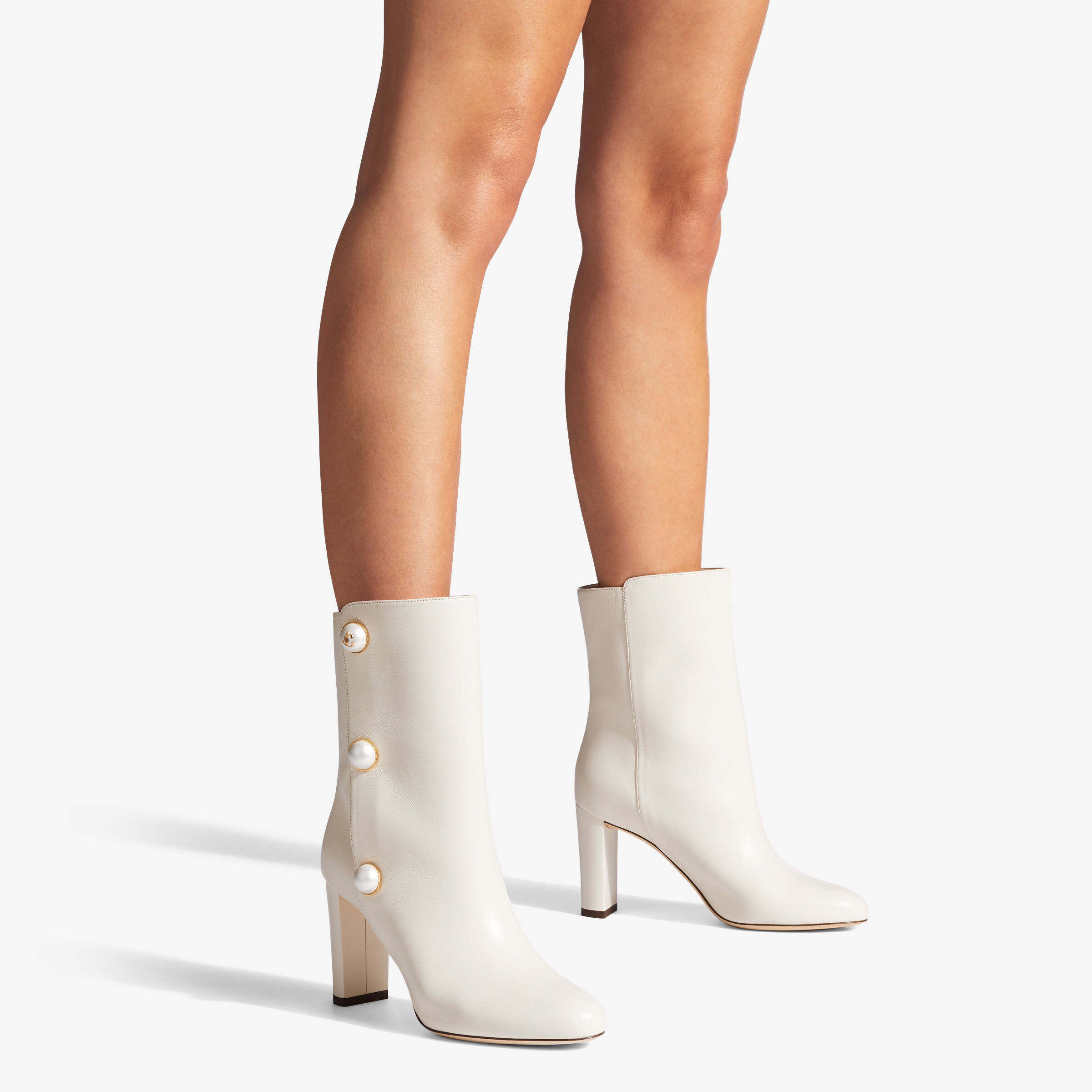 Latte Nappa Leather Mid-Calf Boots with Pearls | RINA 85