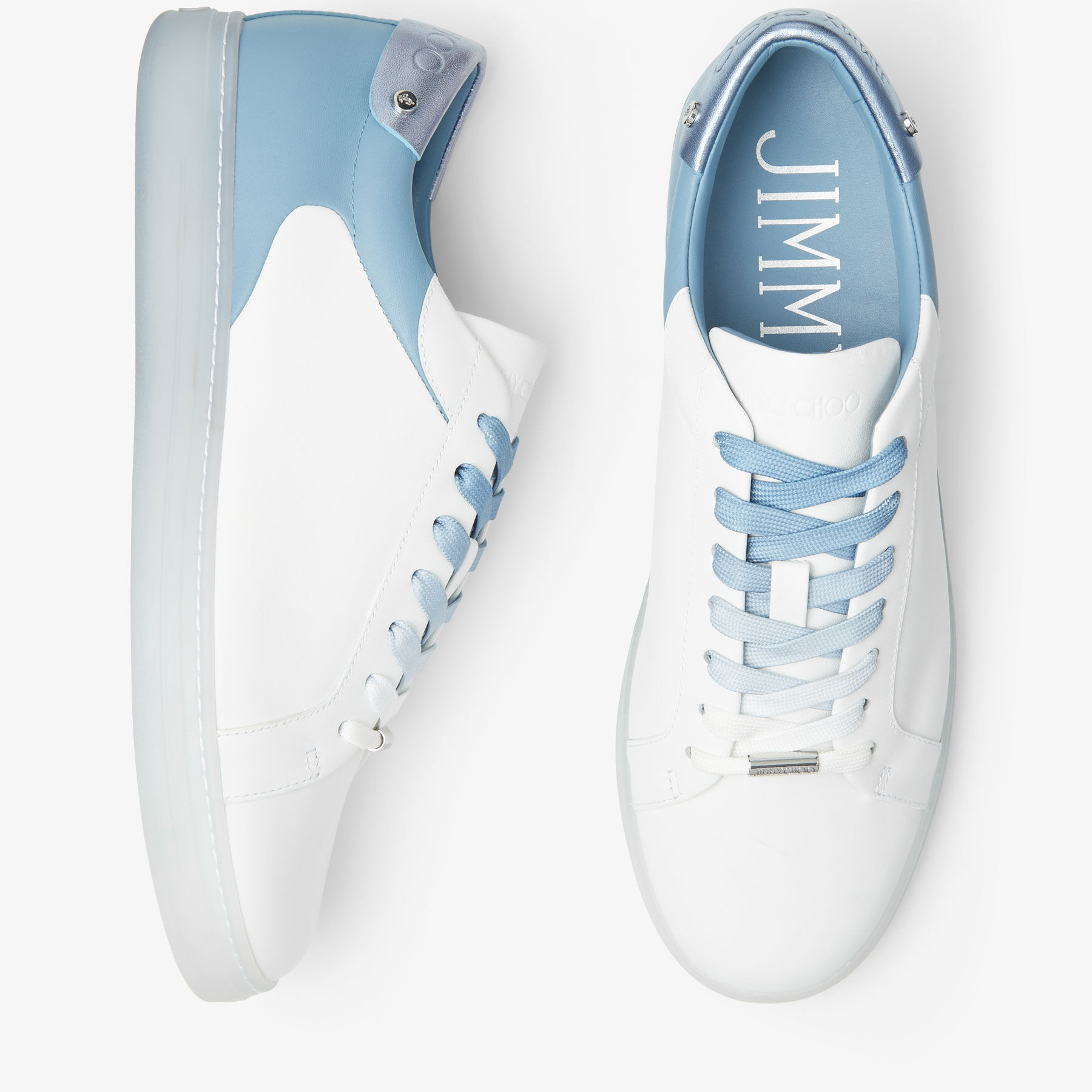 セール★Jimmy Choo★ROME ROME/M | White and Smoky Blue Leather Low-Top Trainers