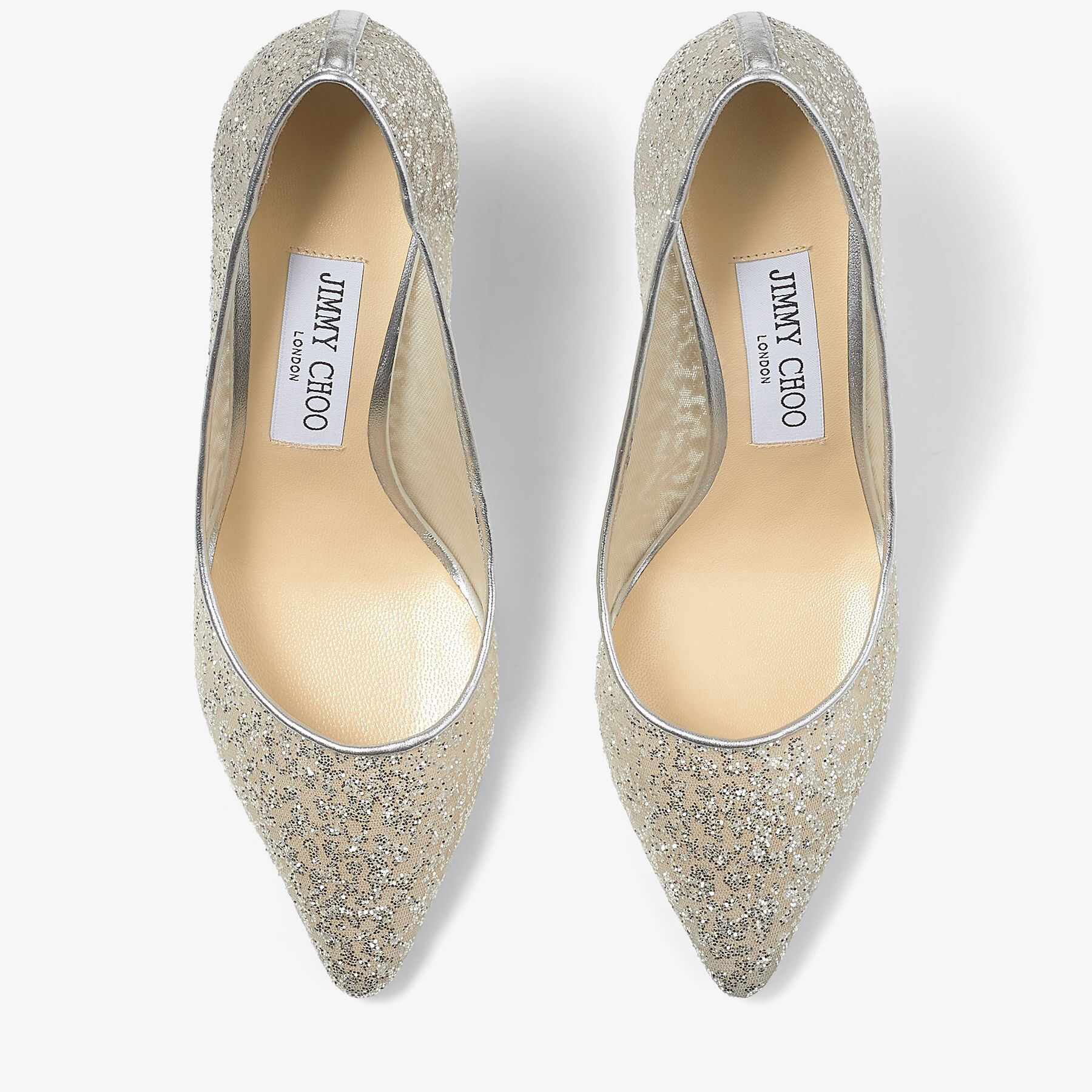 パンプス JIMMY CHOO ROMY85 GLITTER TULLE SILVER Silver Glitter Tulle and Metallic Nappa Pointy-Toe Pumps