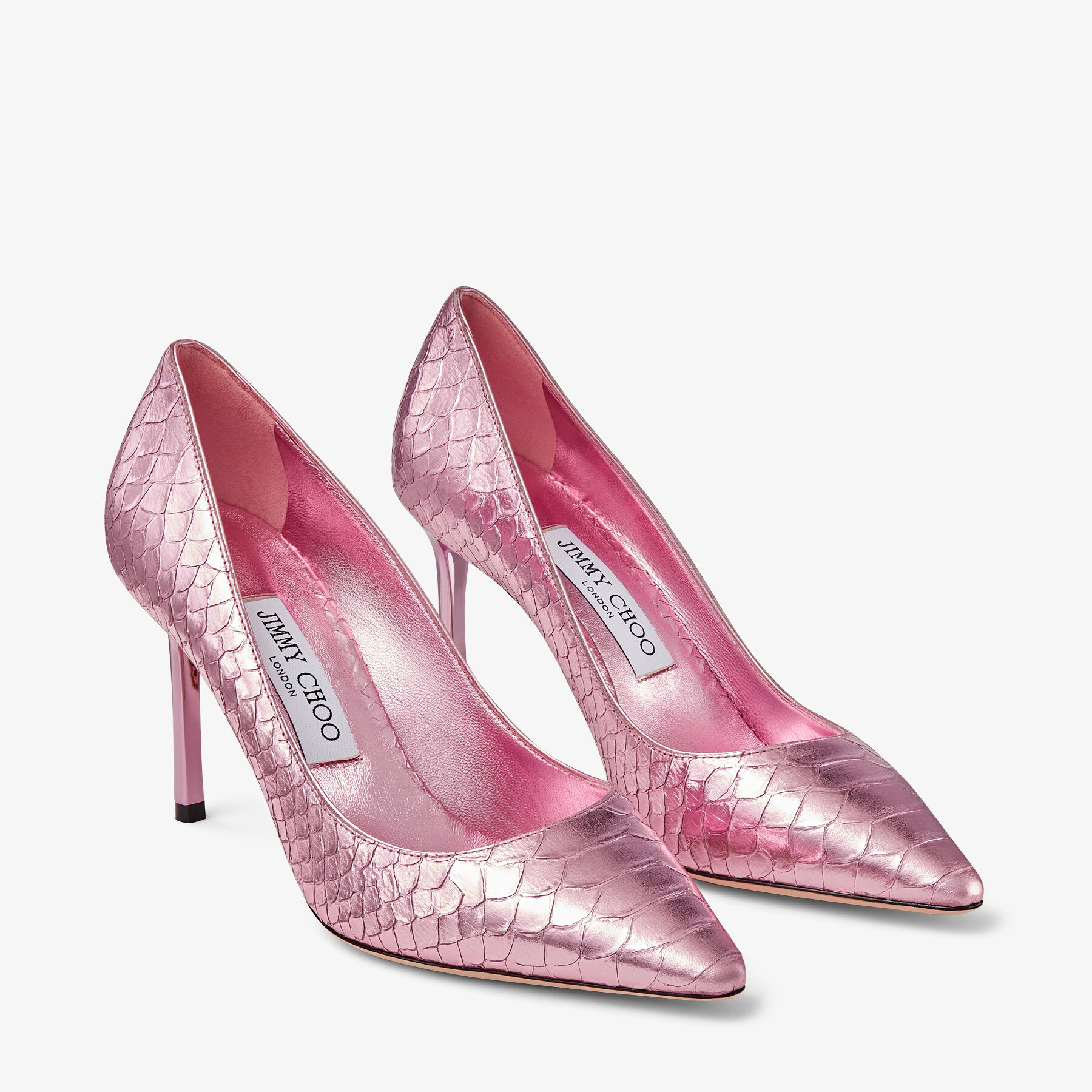 【送料&関税込】Jimmy Choo Antiqued Pink Leather Romy 85 Pum Romy 85 | Candy Pink Metallic Snake Printed Leather Pumps