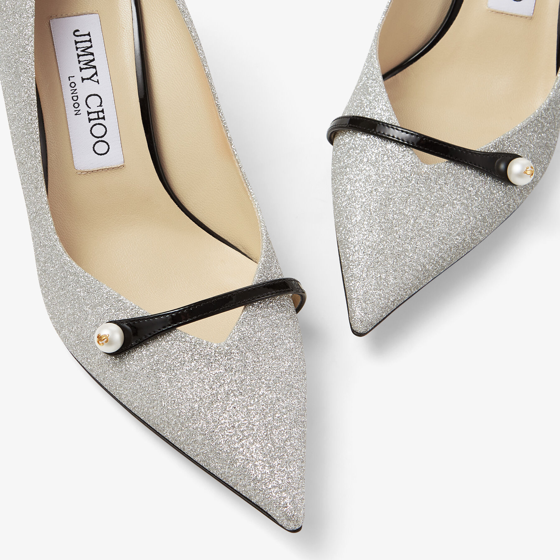 Silver Fine Glitter and Black Patent Pumps with Pearl Detail