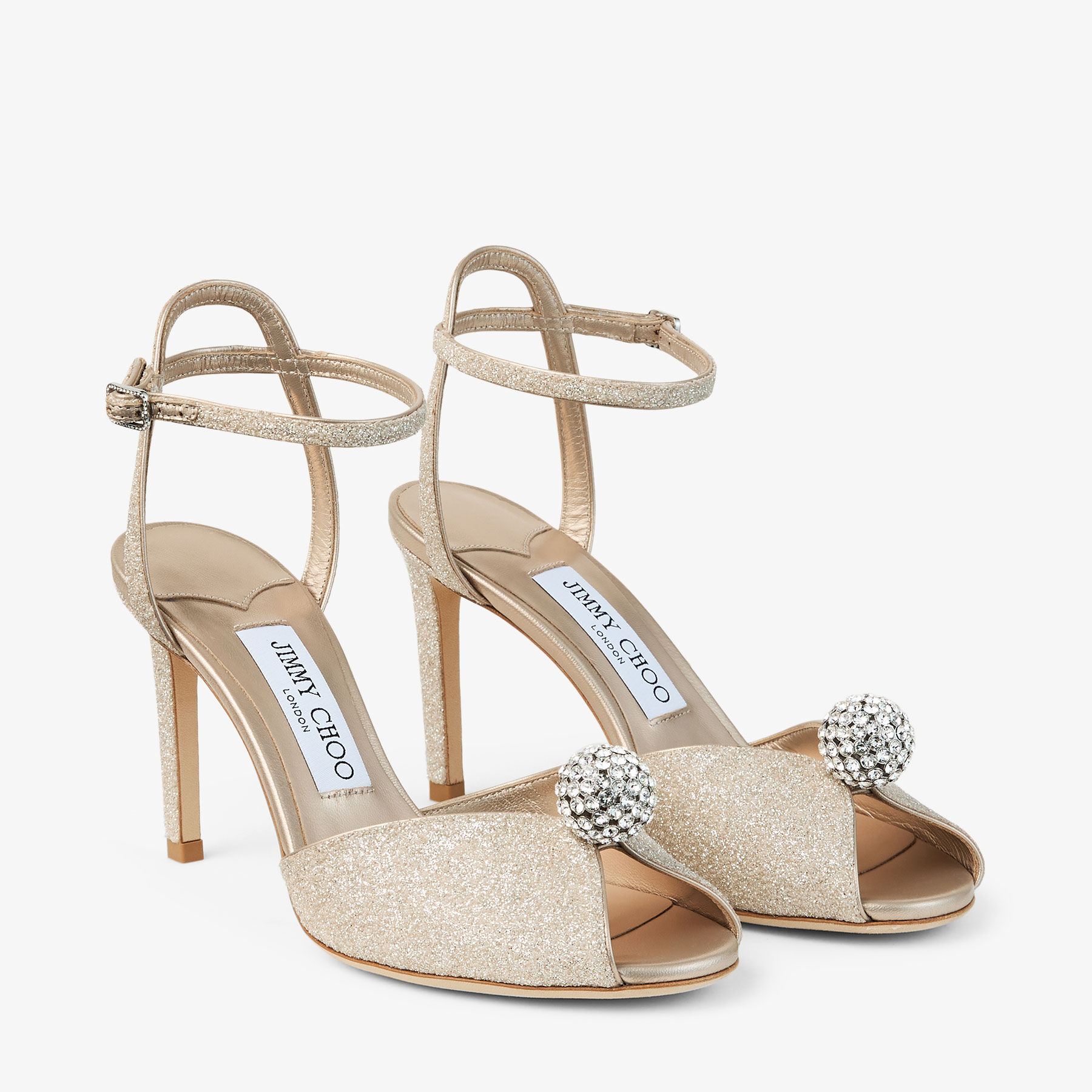 Sacora 85 | 水晶球形飾淺柔金色閃粉面料涼鞋| JIMMY CHOO