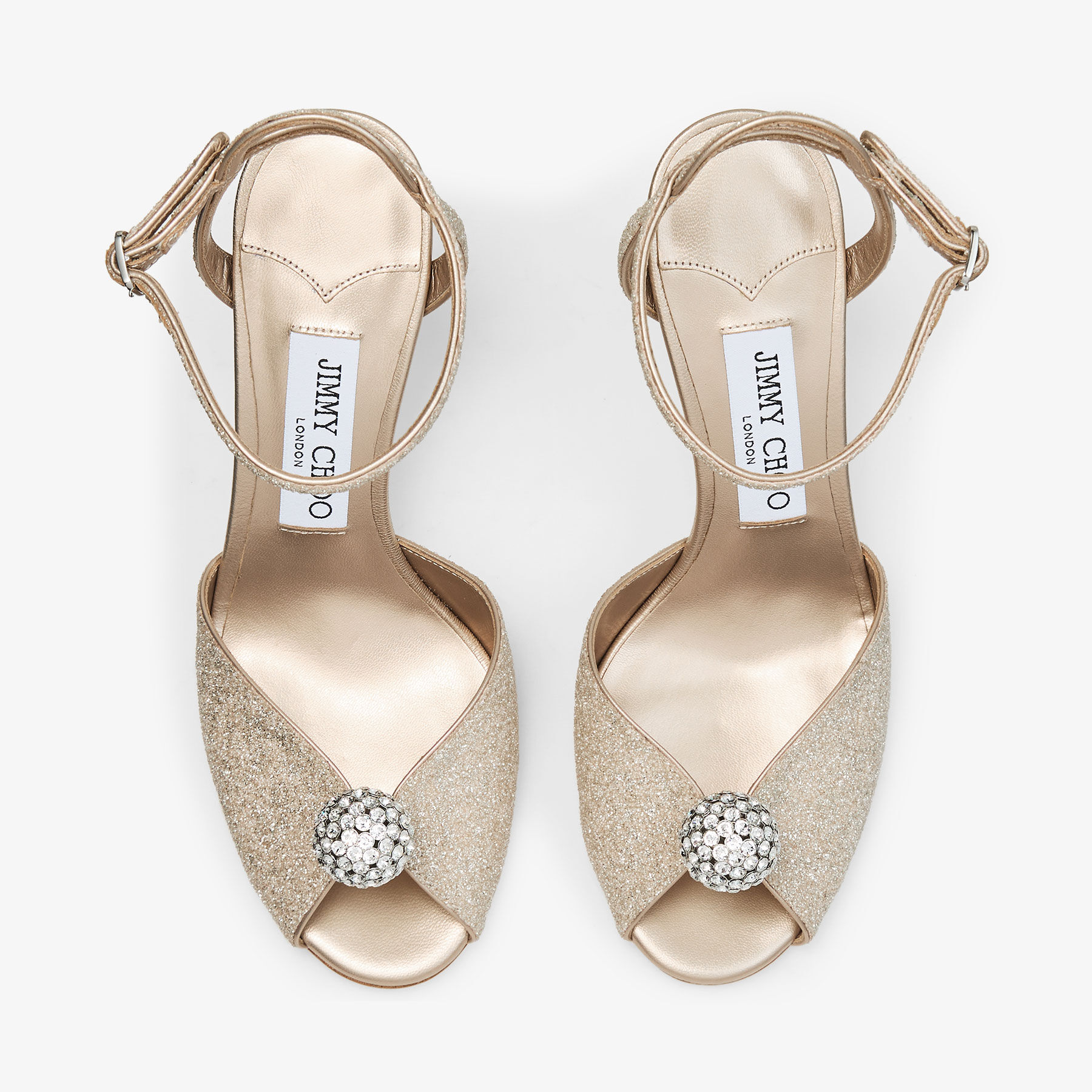 キムラショー Sacora 85 | Light Soft Gold Glitter Fabric Sandals with Crystal