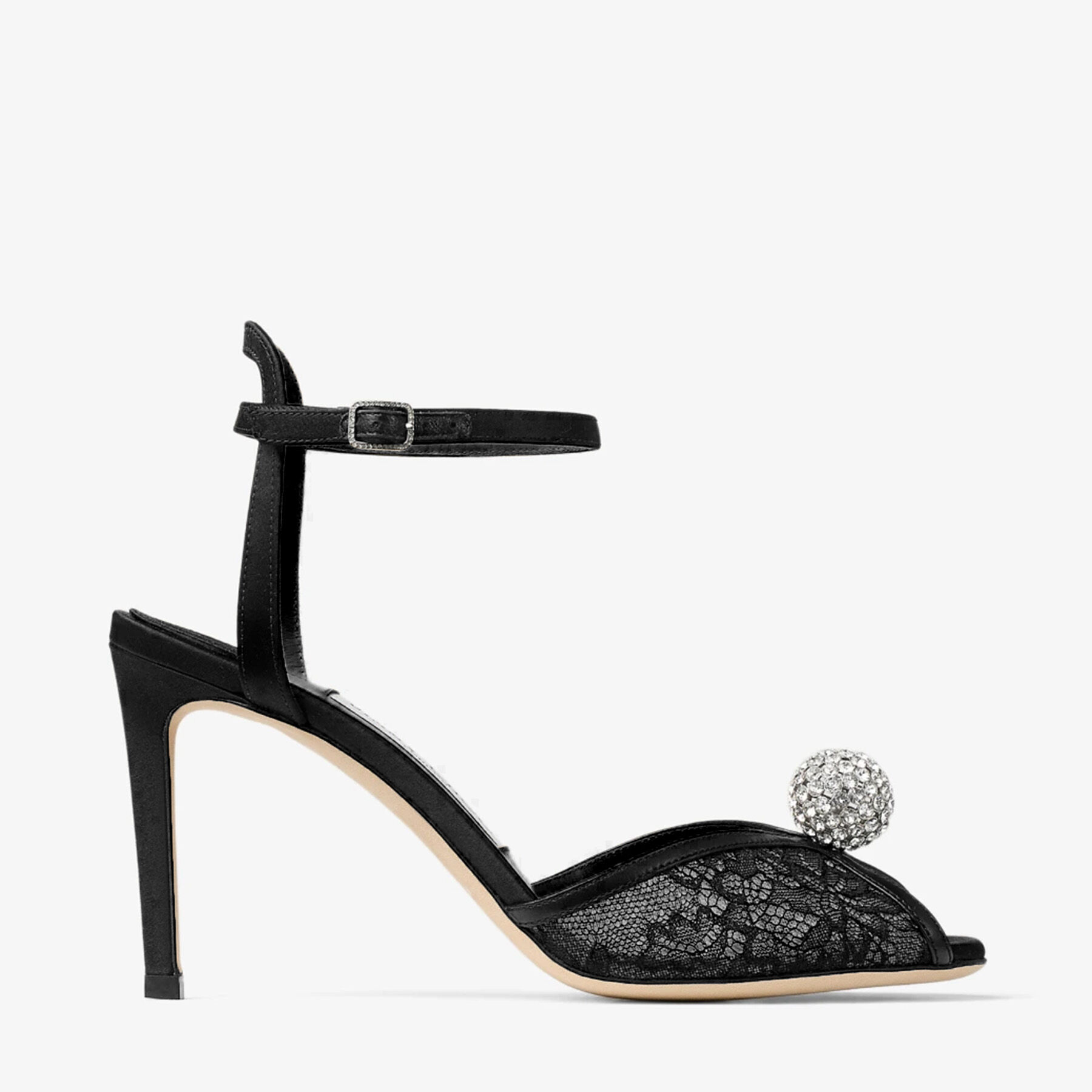 Sacora 85 | Black Lace Sandals with Crystal-Embellished Sphere