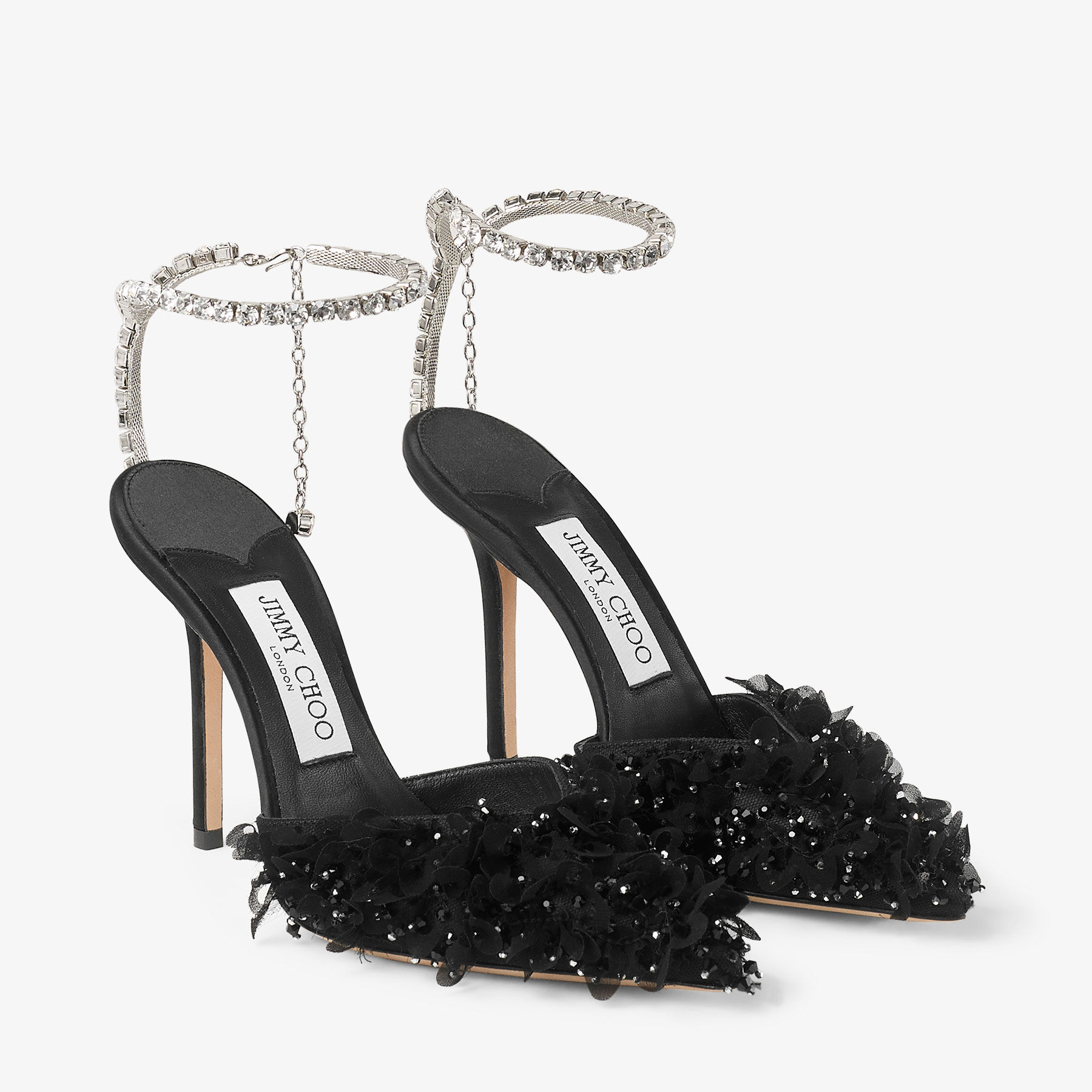 Saeda 100 | Black Mesh Pumps with Petal Embroidery and Crystal
