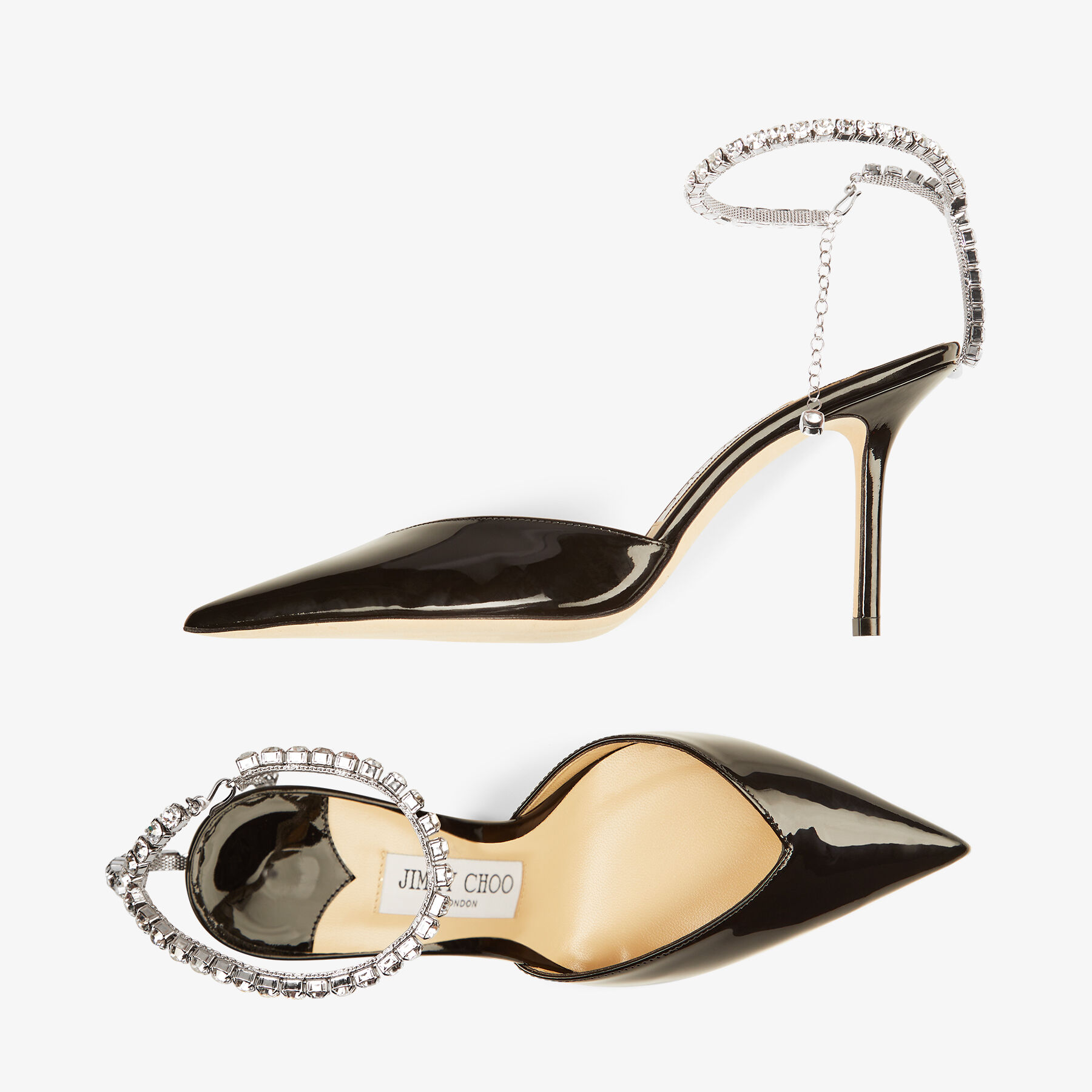 Black Patent Leather Pumps with Crystal Embellishment