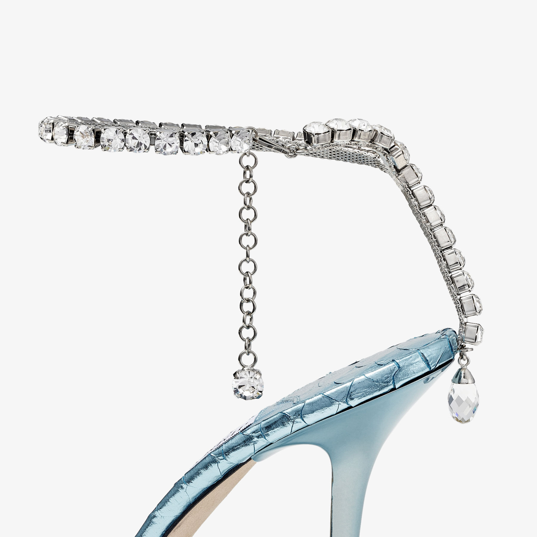 Jimmy Choo ミドルサンダル ブルー SS25 SAEDA SANDAL 100 | Ice Blue Metallic Snake Printed Leather