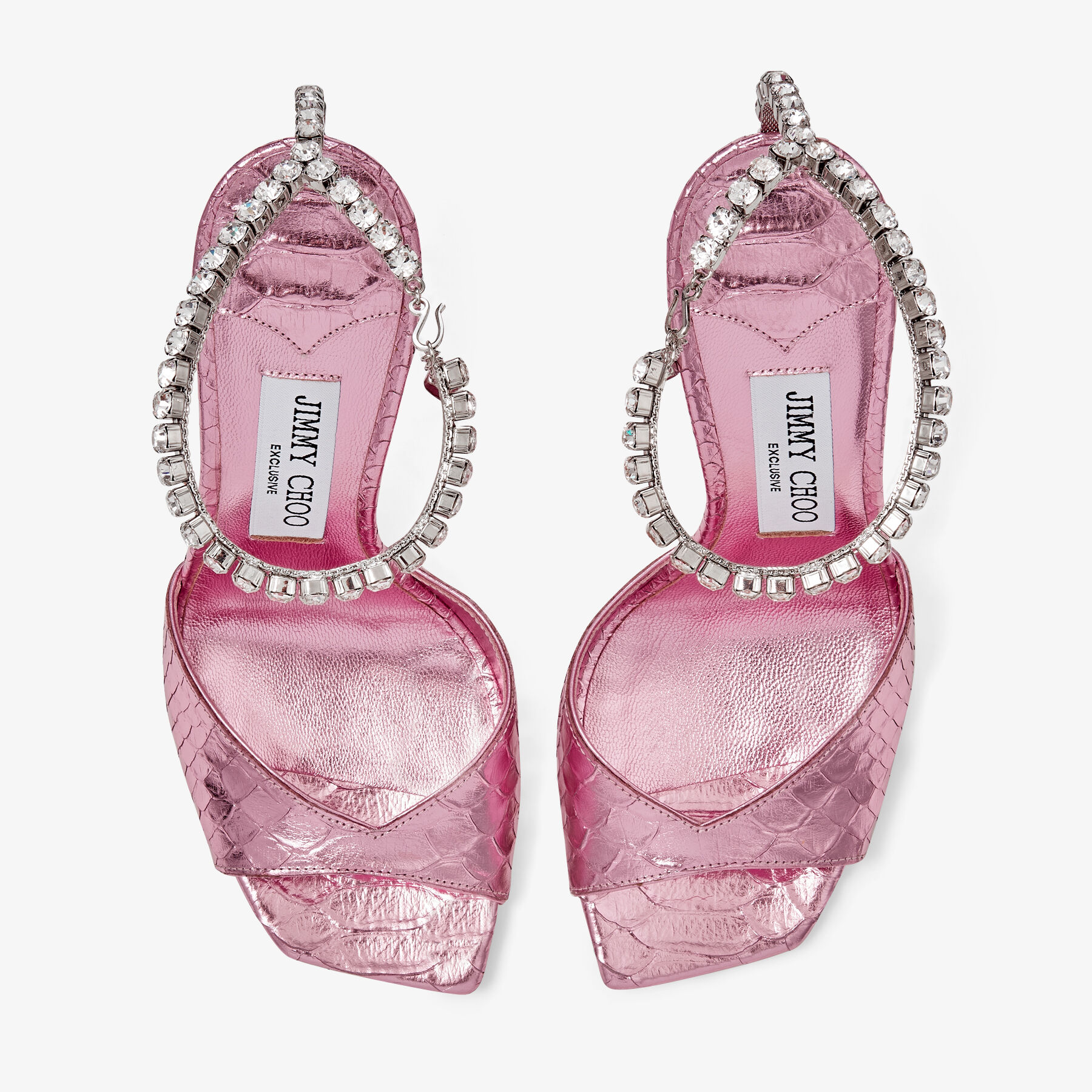 【関税込み】Jimmy Choo ピンク Saeda 100 ヒールサンダル SAEDA SANDAL 100 |Candy Pink Metallic Snake Printed Leather