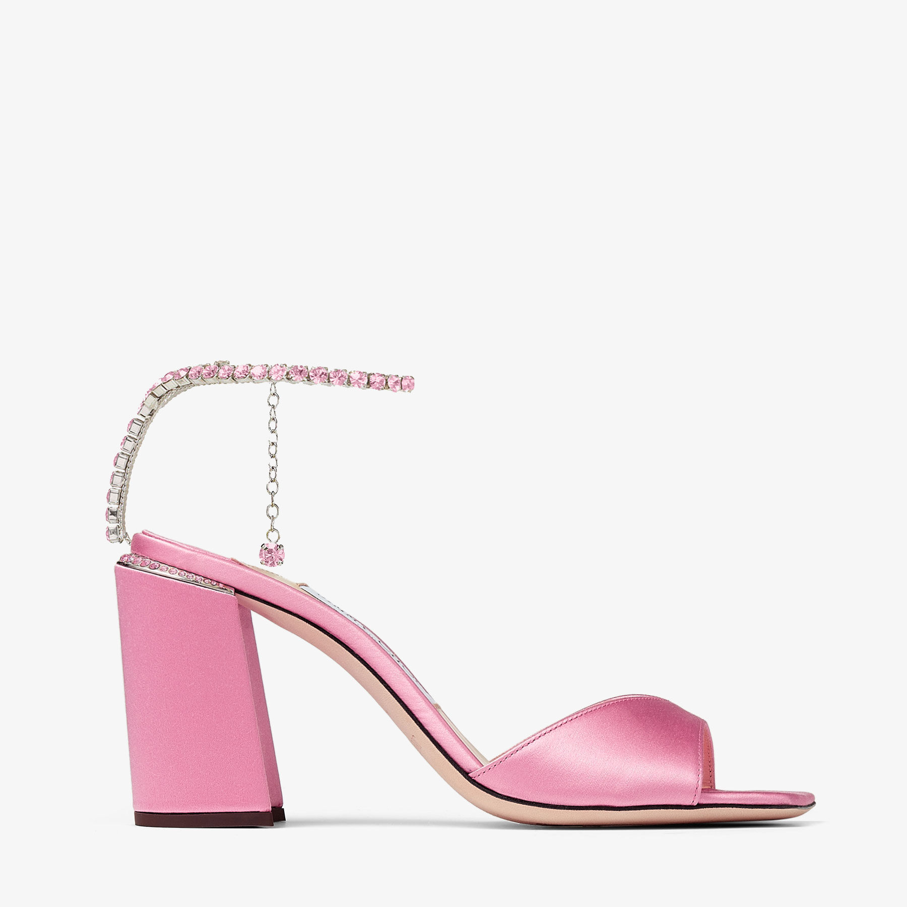 Saeda Sandal Block Heel 85 | Candy Pink Satin Block Heel Sandals with  Swarovski Crystal Chain | New Collection | JIMMY CHOO AU