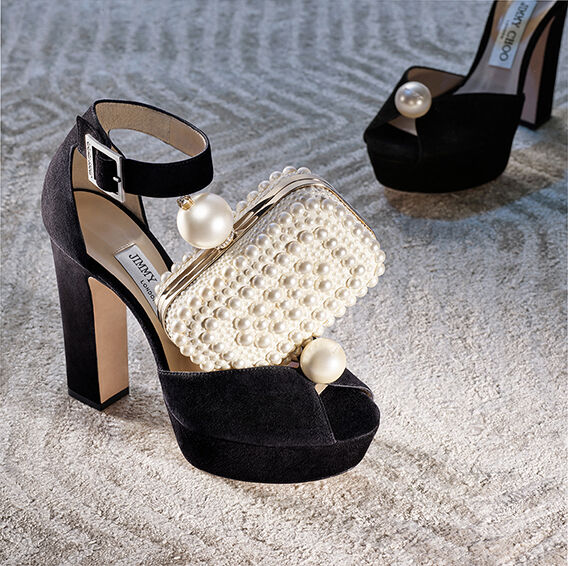 サンダル・ミュール JIMMY CHOO SOCORIE120 SHIMMER SUEDE SANDAL Champagne Shimmer Suede Platform Sandals with Pearl