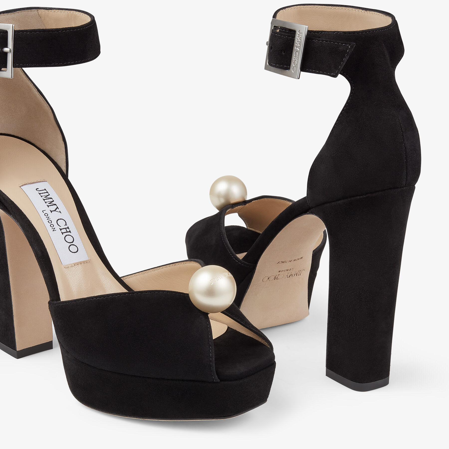 Black Suede Platform Sandals with Pearl Detailing | SOCORIE
