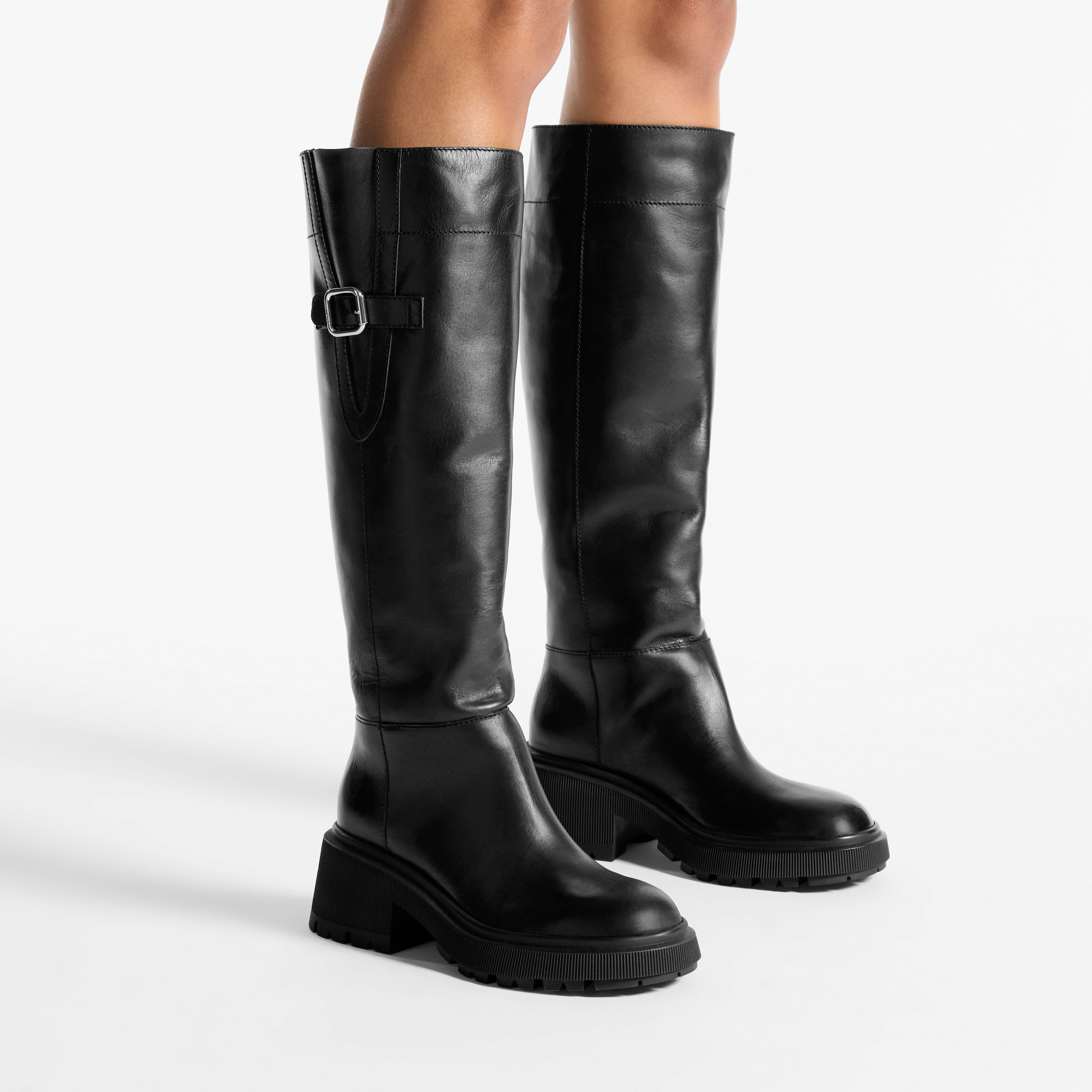 Tamsin Knee Boot Flat | Black Shiny Calf Leather Knee High Boot