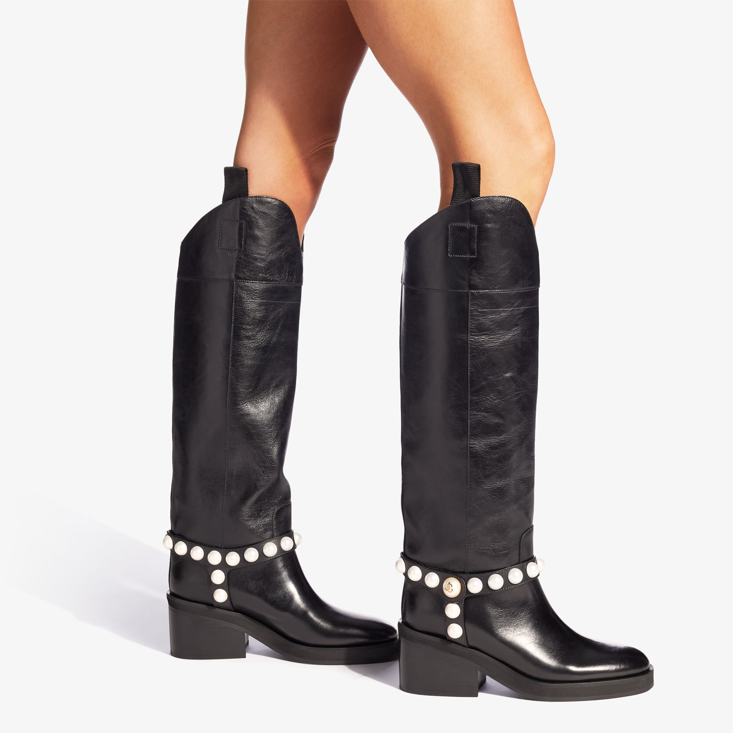 Black Vintage Leather Knee-High Boots with Pearls | TONYA 70