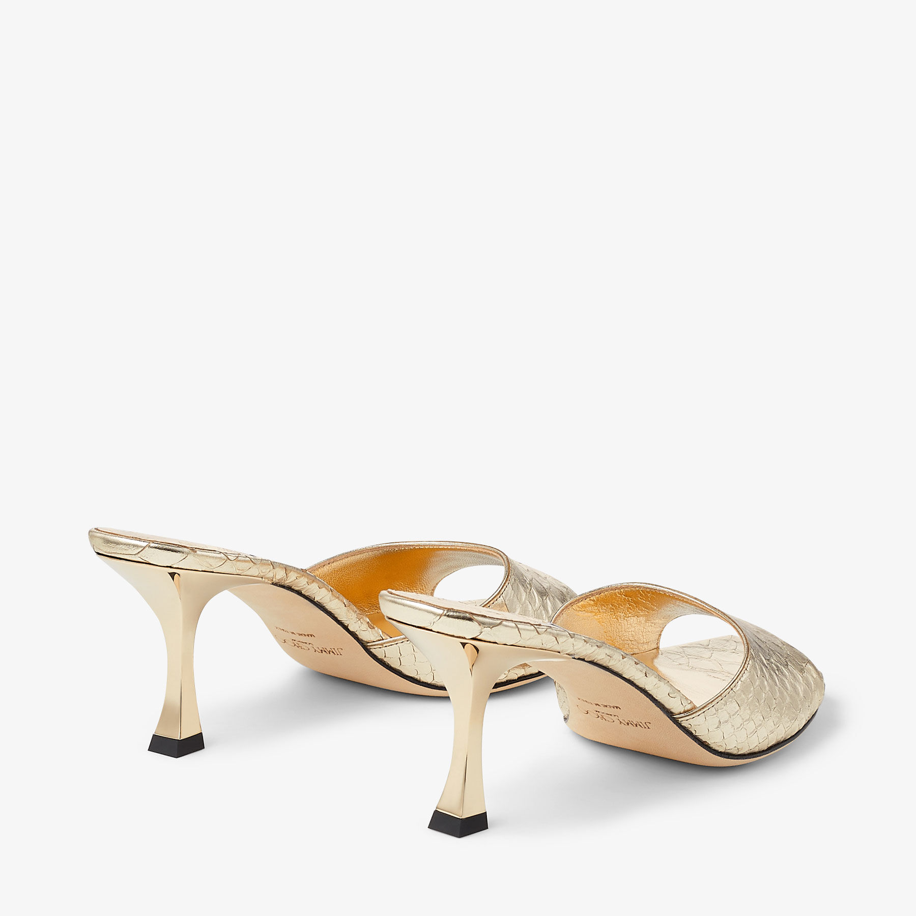 【完売必至】Jimmy Choo チャラ編み 70 ラフィアミュール VAL 70 |Champagne Metallic Snake Printed Leather Mule
