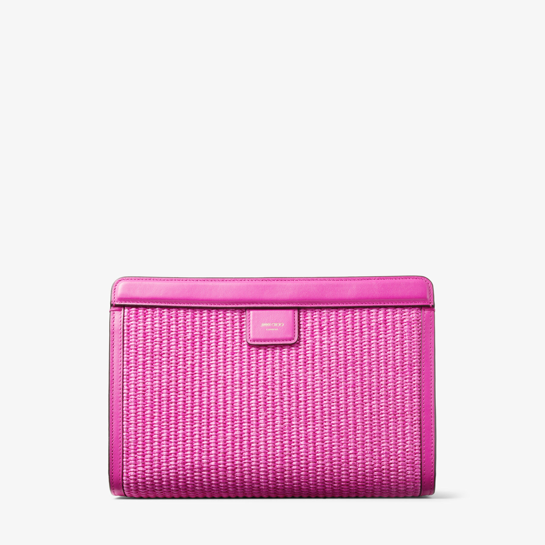 【Jimmy Choo】Avenue ラフィアポーチ、刺繍ロゴ Fuchsia Raffia and Smooth Leather Pouch with Jimmy Choo