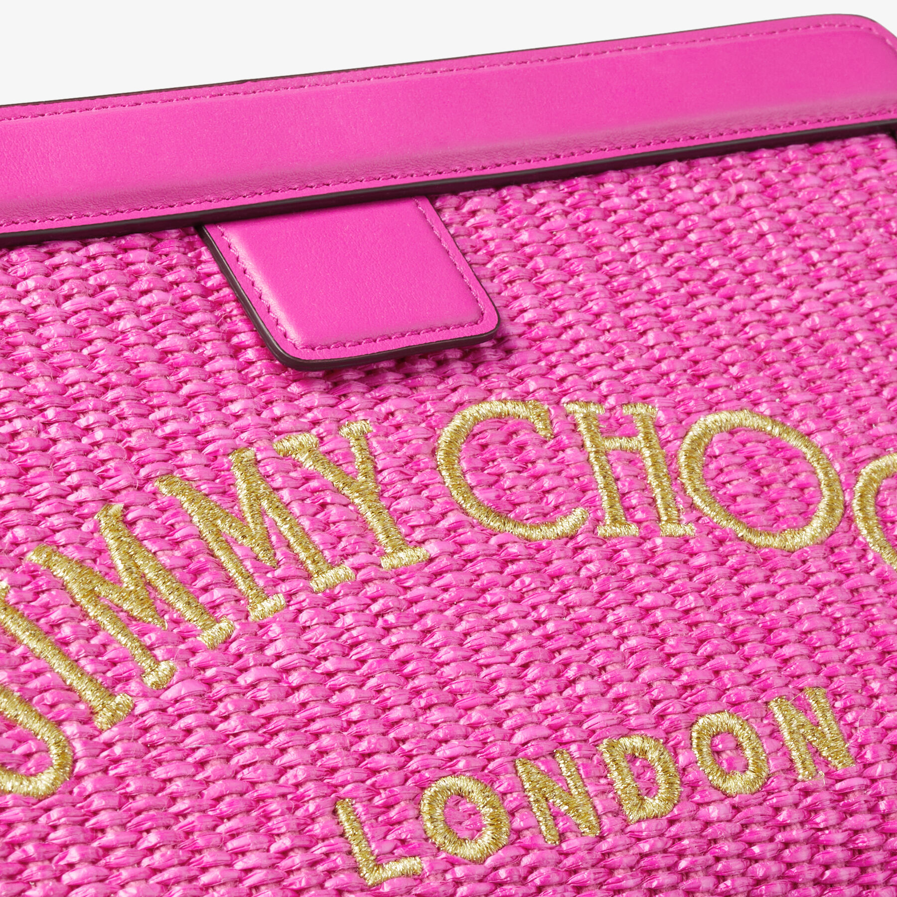Fuchsia Raffia and Smooth Leather Pouch with Jimmy Choo