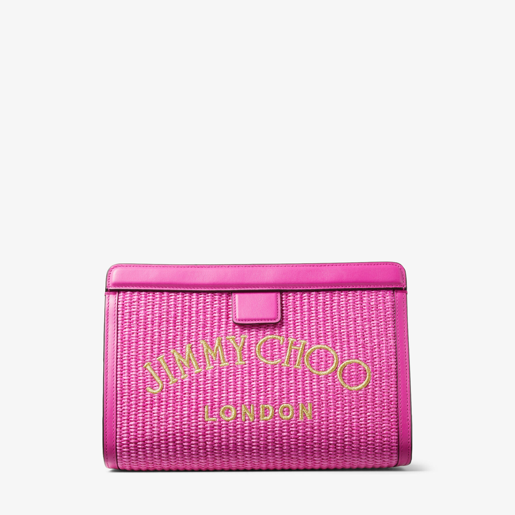 Fuchsia Raffia and Smooth Leather Pouch with Jimmy Choo