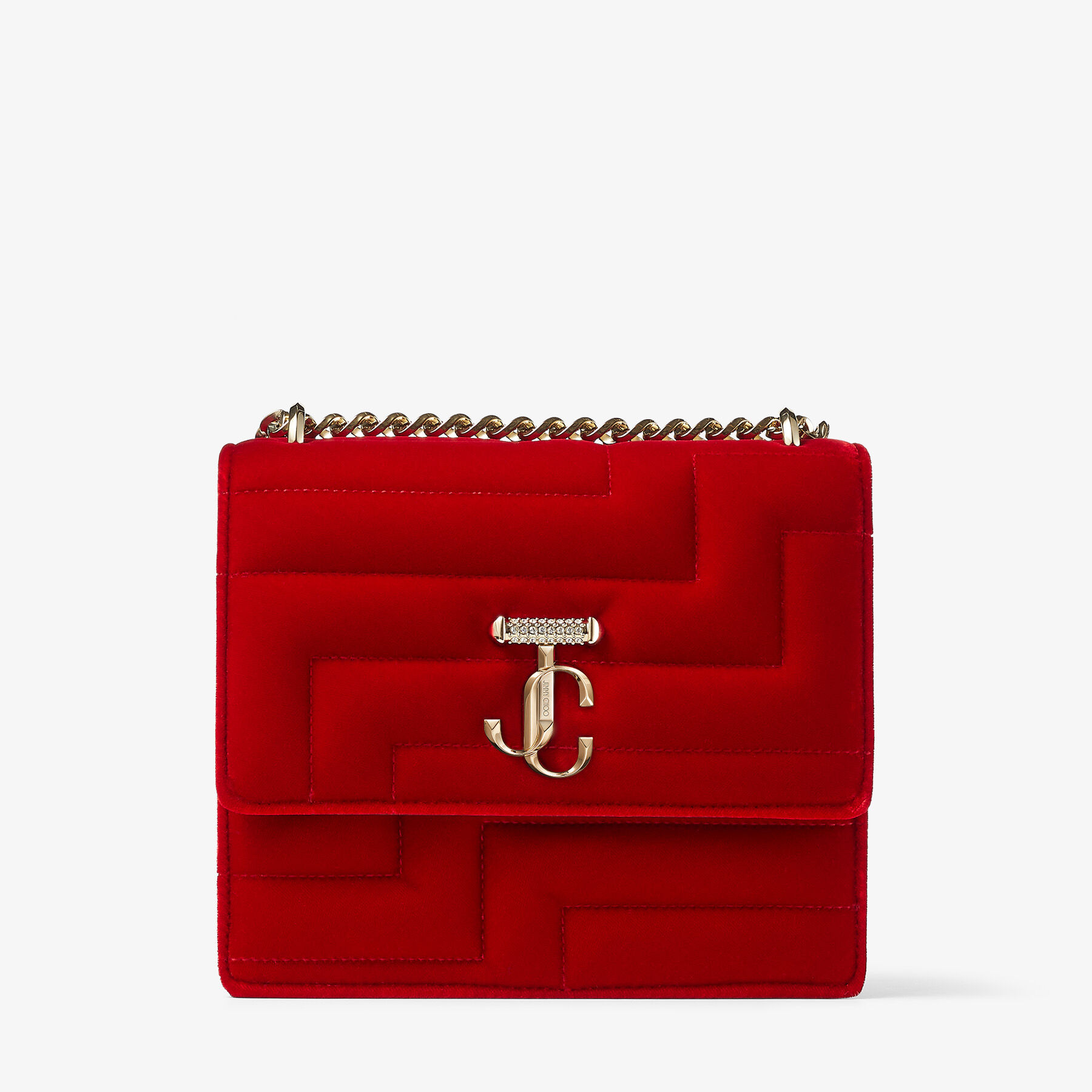 ★人気★【Jimmy Choo】QUILTED AVENUE ショルダーバッグ VARENNE SHOULDER | Red Quilted Velvet Shoulder Bag with
