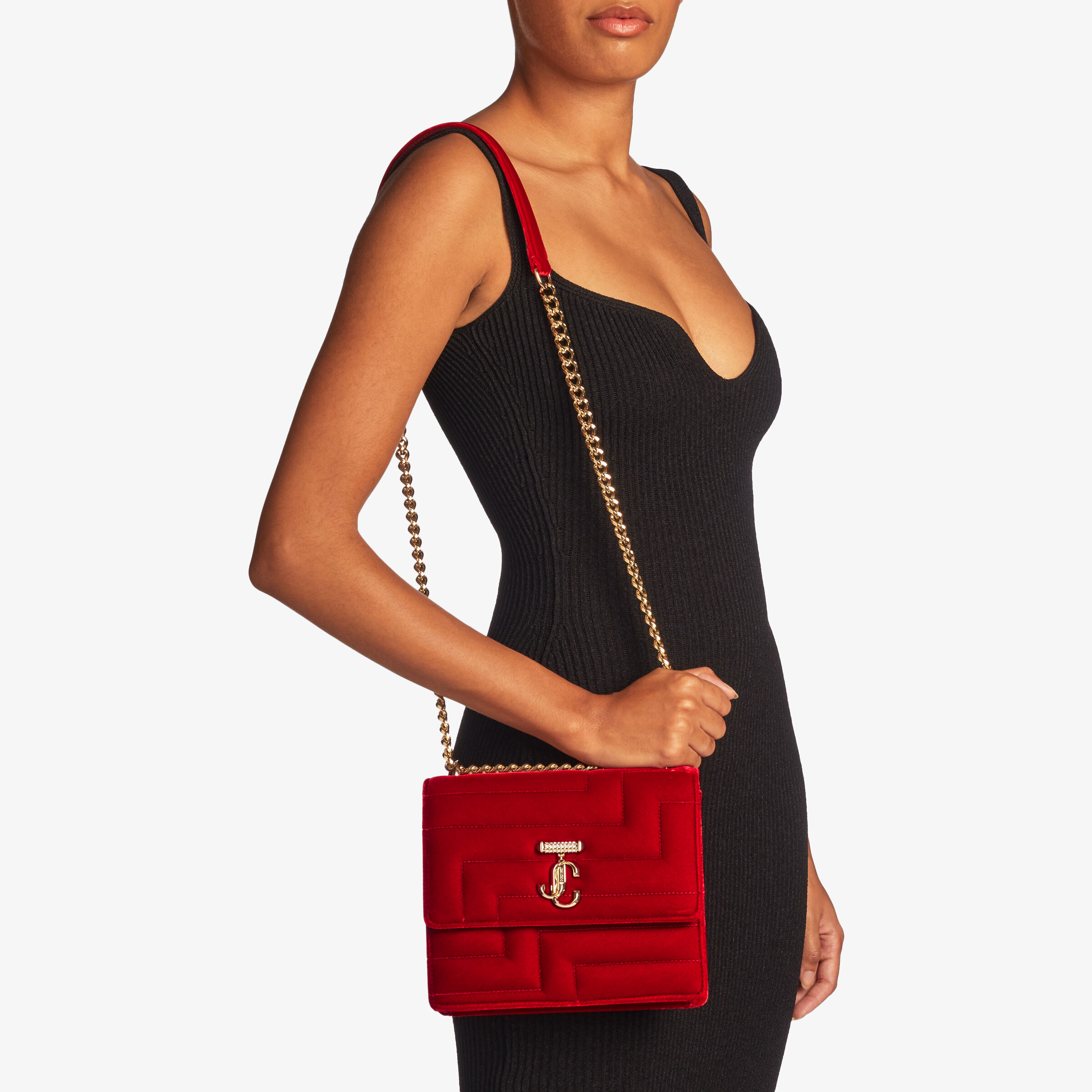 ★人気★【Jimmy Choo】QUILTED AVENUE ショルダーバッグ VARENNE SHOULDER | Red Quilted Velvet Shoulder Bag with